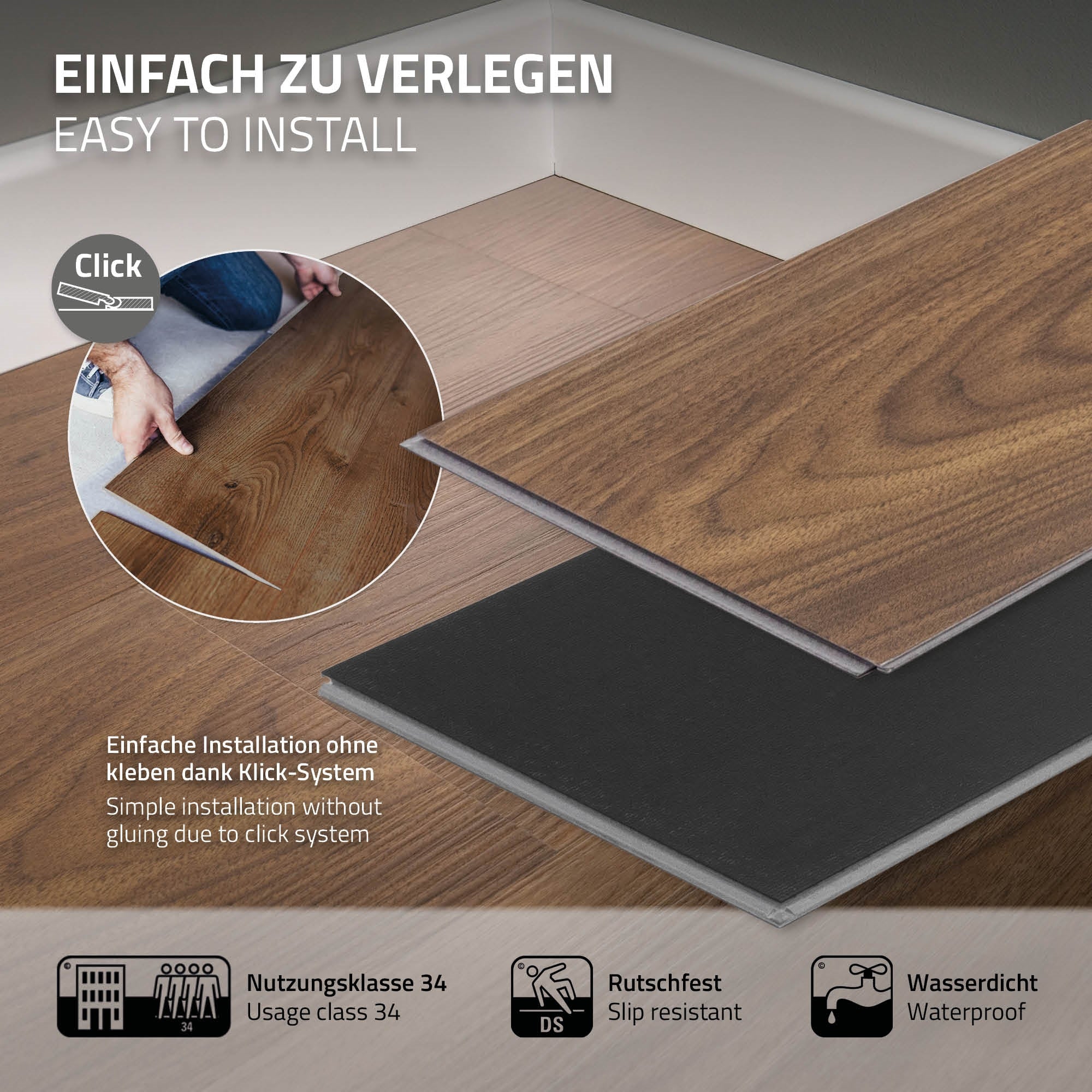 Bodenbelag mit Klick-System, einfache Installation, wasserfest, rutschfest.