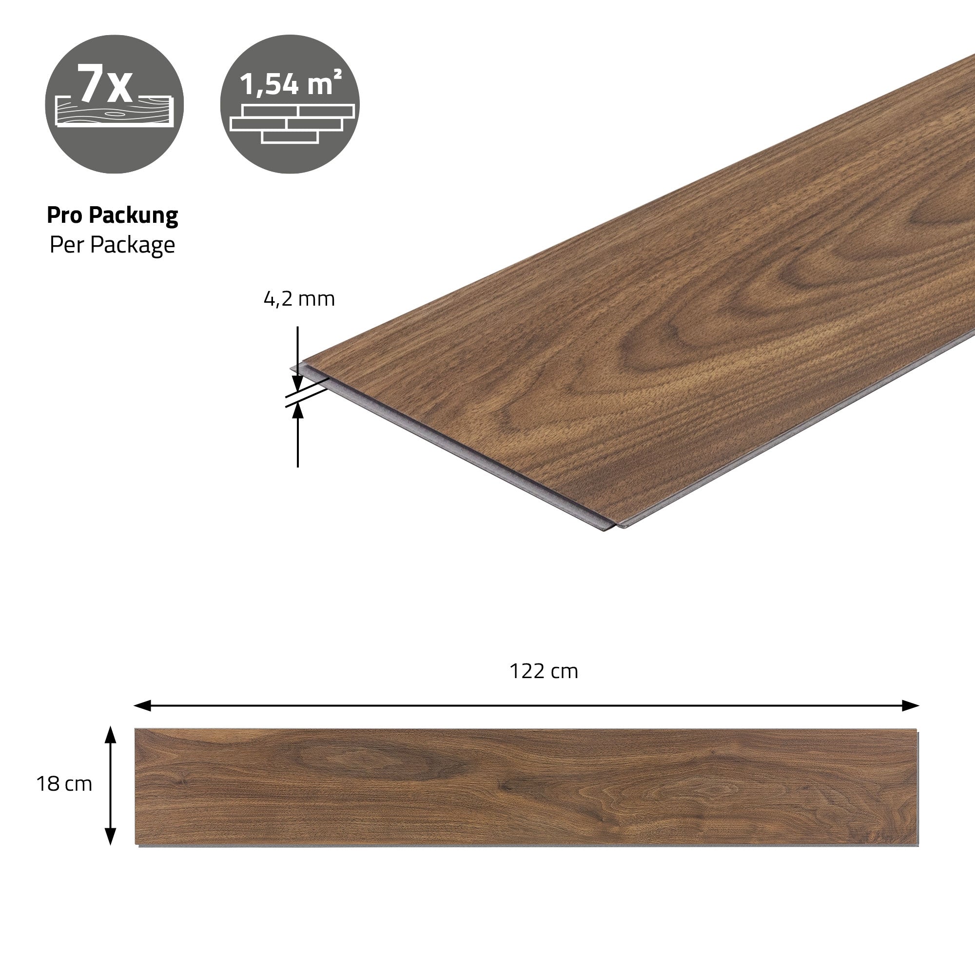 Laminatplatte in dunkler Holzoptik mit Maßangaben und Verpackungsinformationen.