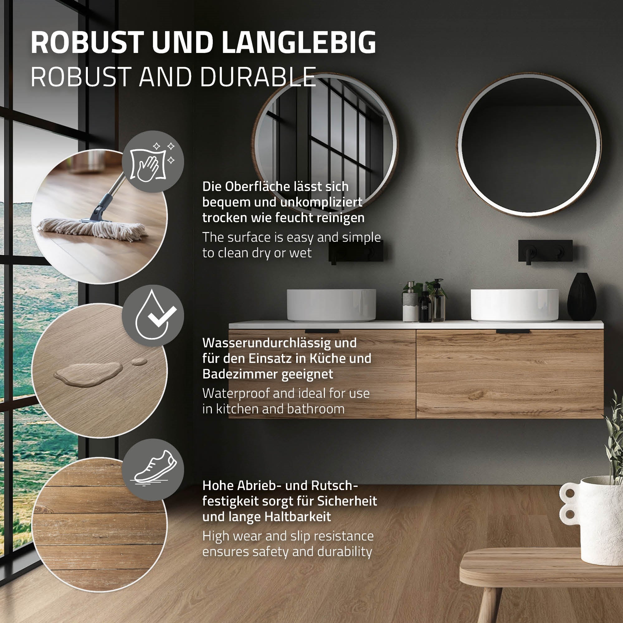 Grafik mit Informationen zu robusten und langlebigen Oberflächen für Badezimmer.