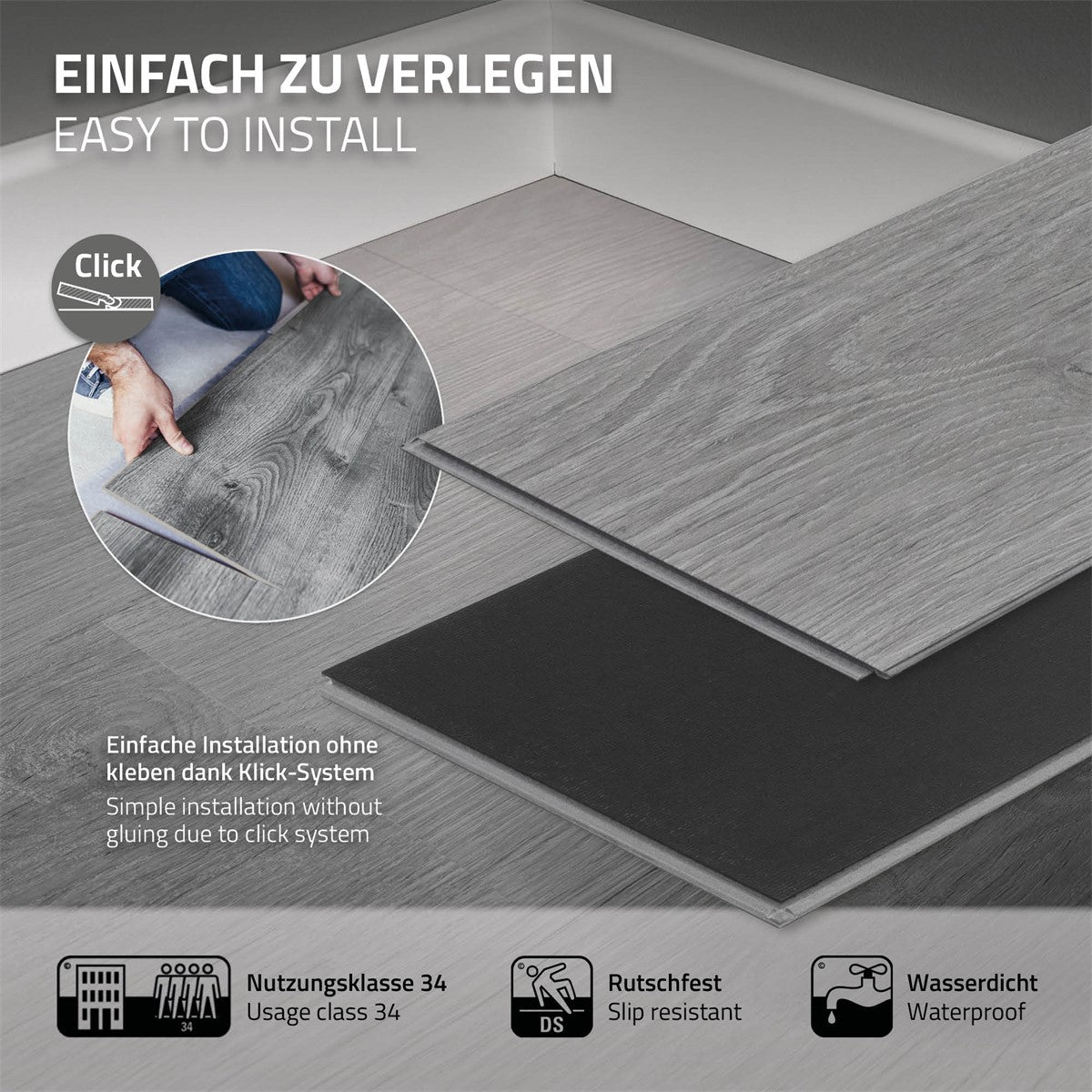 Bodenplatten mit Klick-System, die einfach verlegt werden können.