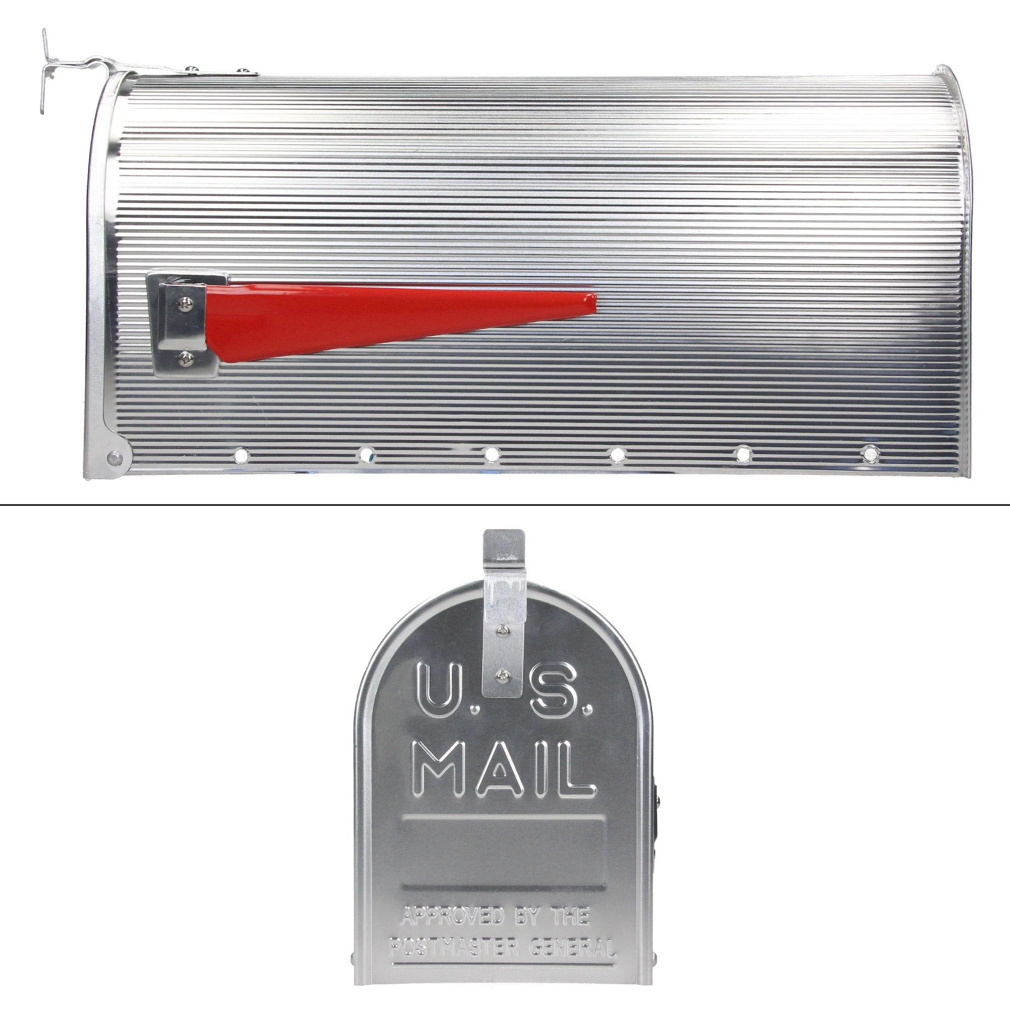 Boîte aux lettres argentée avec un levier rouge et l'inscription 'U.S. MAIL'.