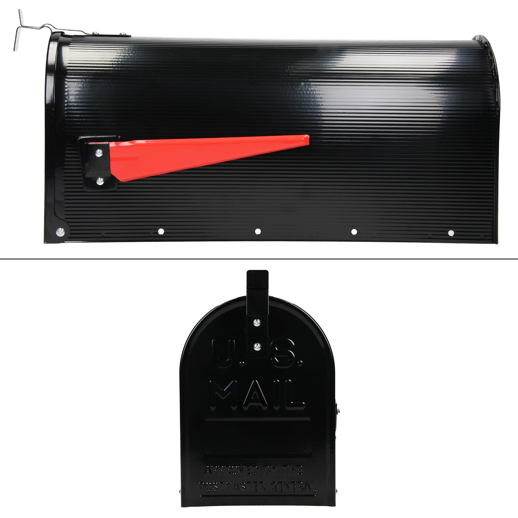 Black mailbox with a red flag mechanism.