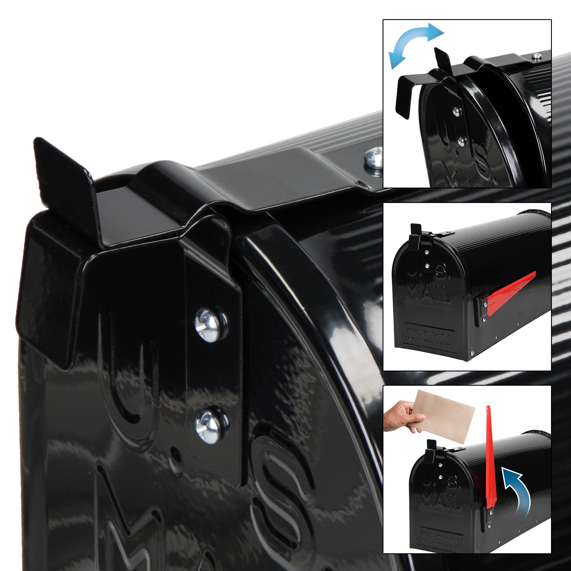 Black mailbox with an open flap and a letter in hand.