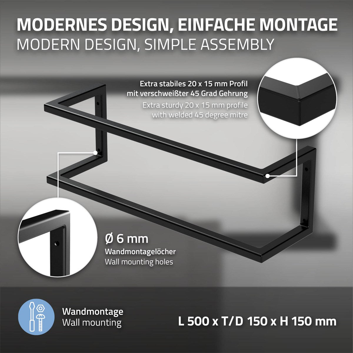 Black wall shelf with dimensions and installation instructions.