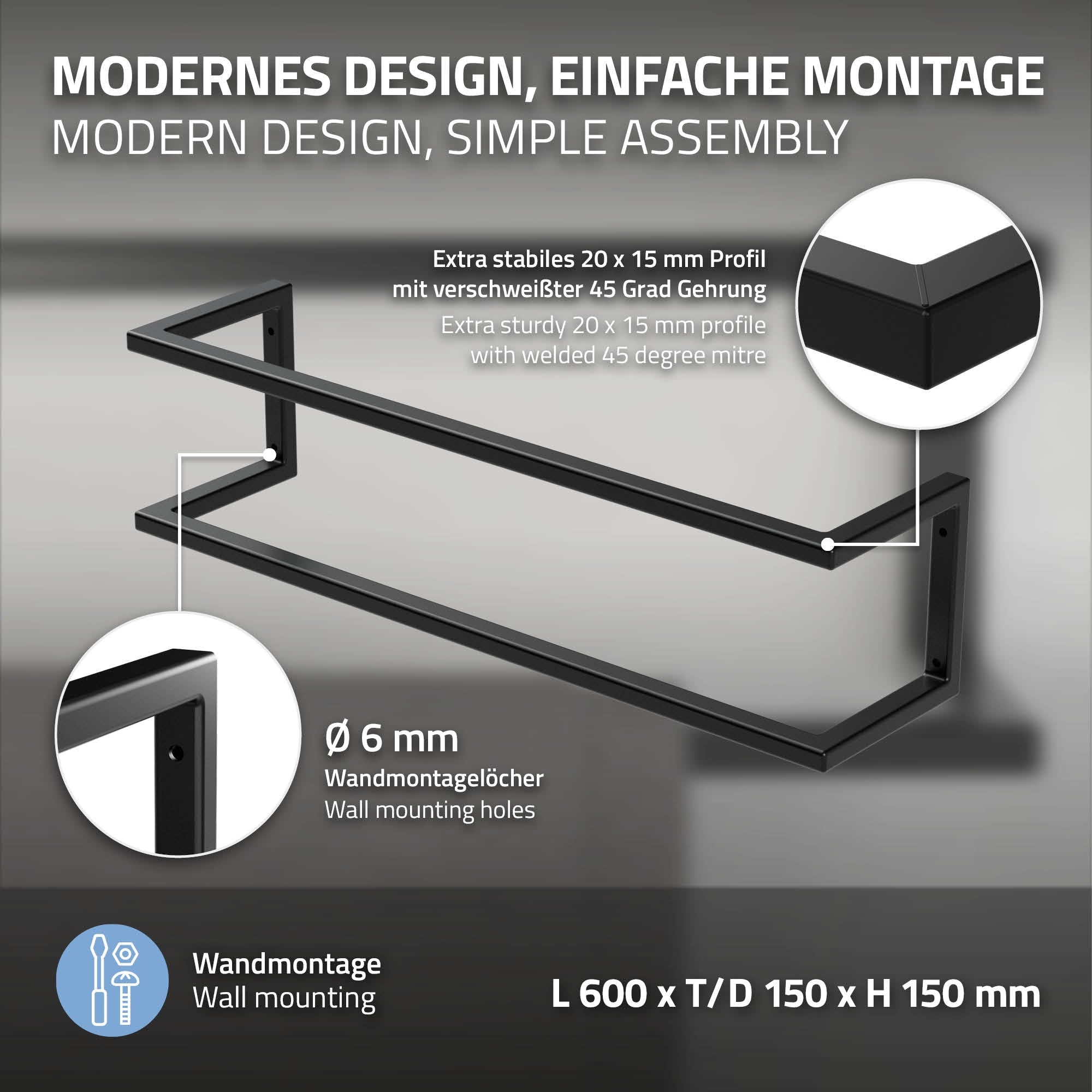 Ein Handtuchhalter mit Maßen und Montagehinweisen, an einer Wand montiert.