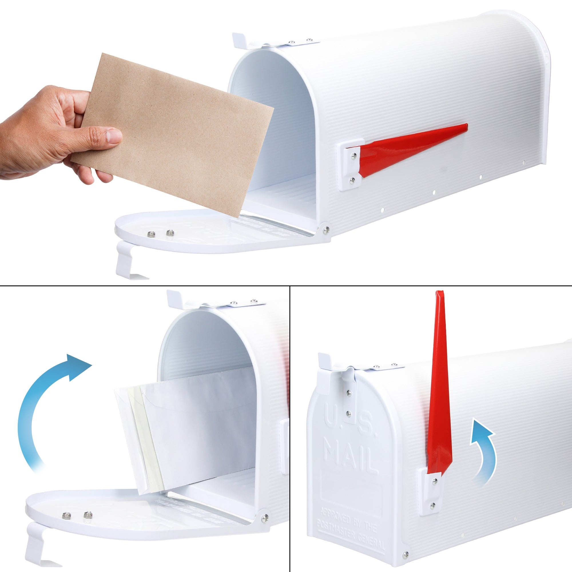 Weißer Briefkasten mit geöffneter Klappe und Brief in der Hand.