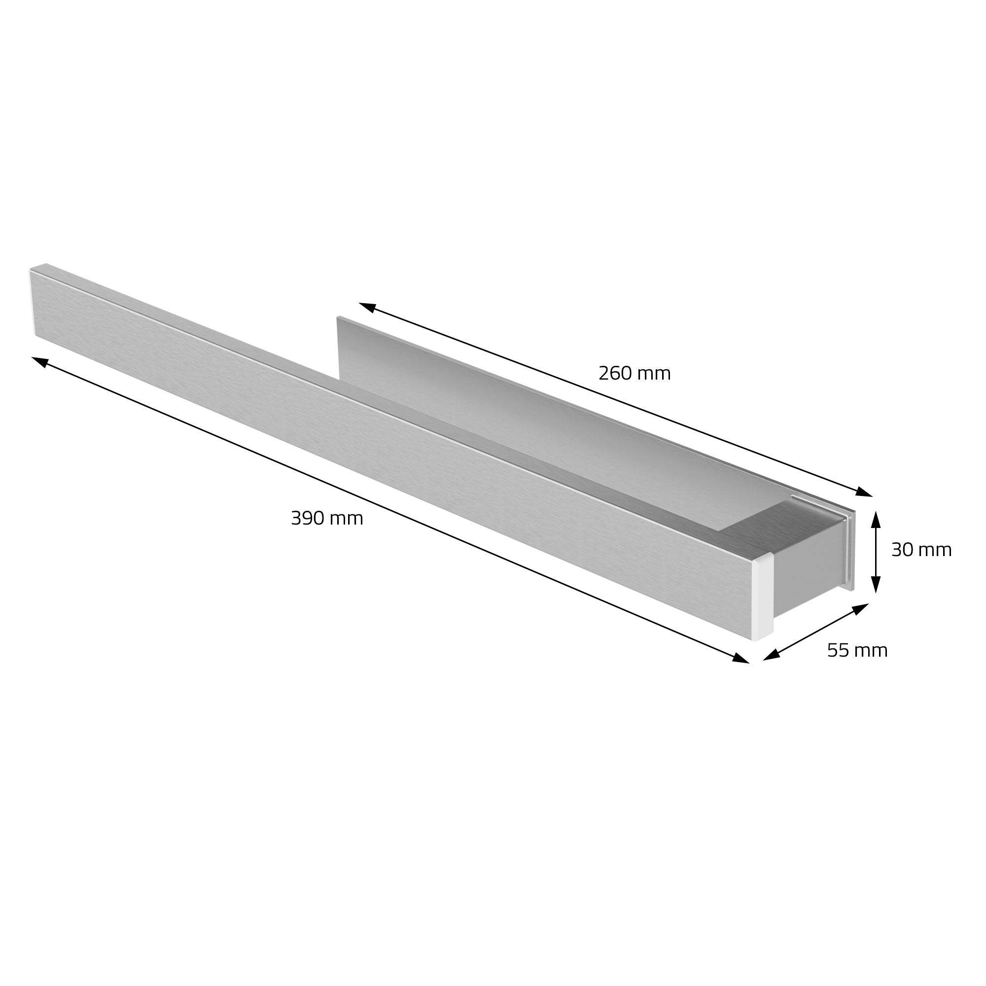 Måltegning af et rektangulært metalprofil med dimensioner.