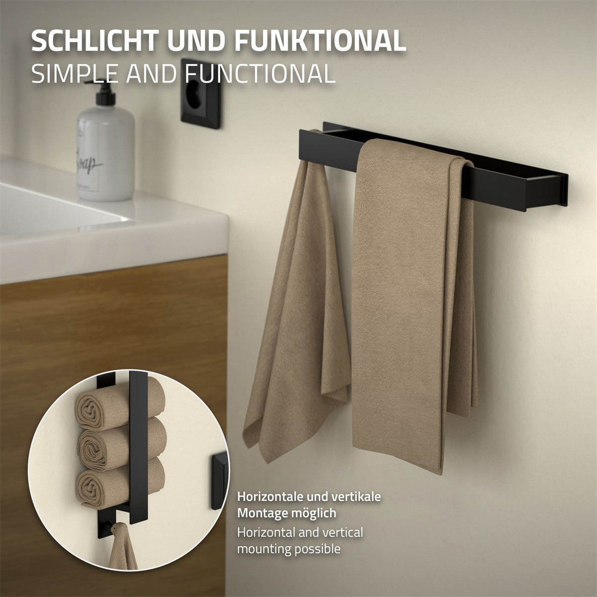 Handtuchhalter in schwarz, der horizontal und vertikal montiert werden kann.