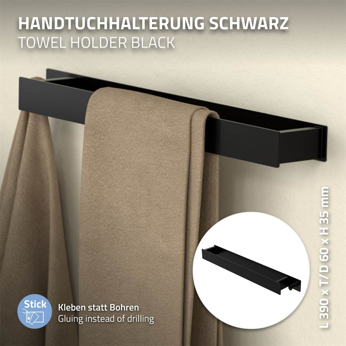 Schwarzer Handtuchhalter mit beigem Handtuch, Maße L 390 x T/D 60 x H 35 mm.