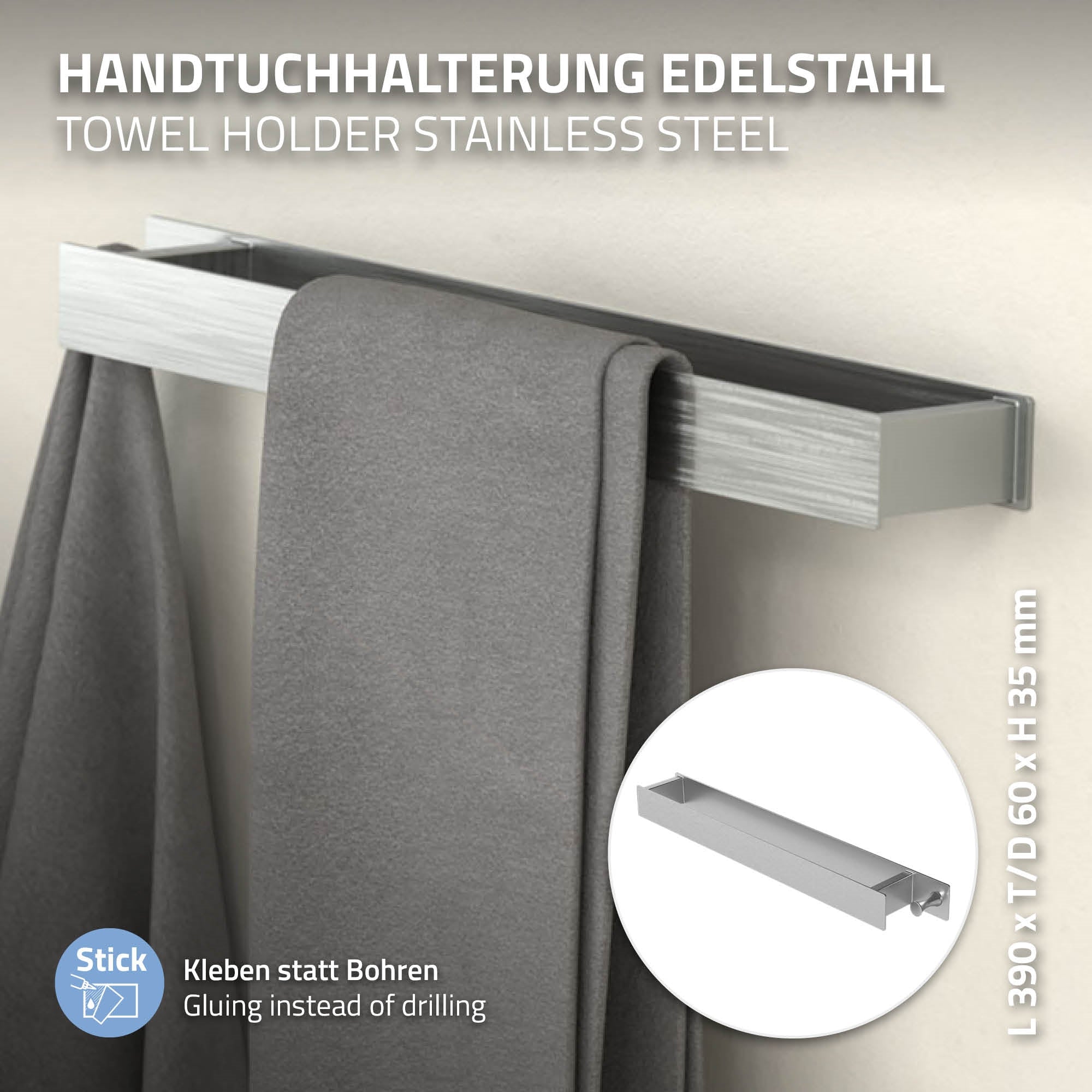 Handtuchhalter aus Edelstahl mit grauem Handtuch, montiert an einer Wand.