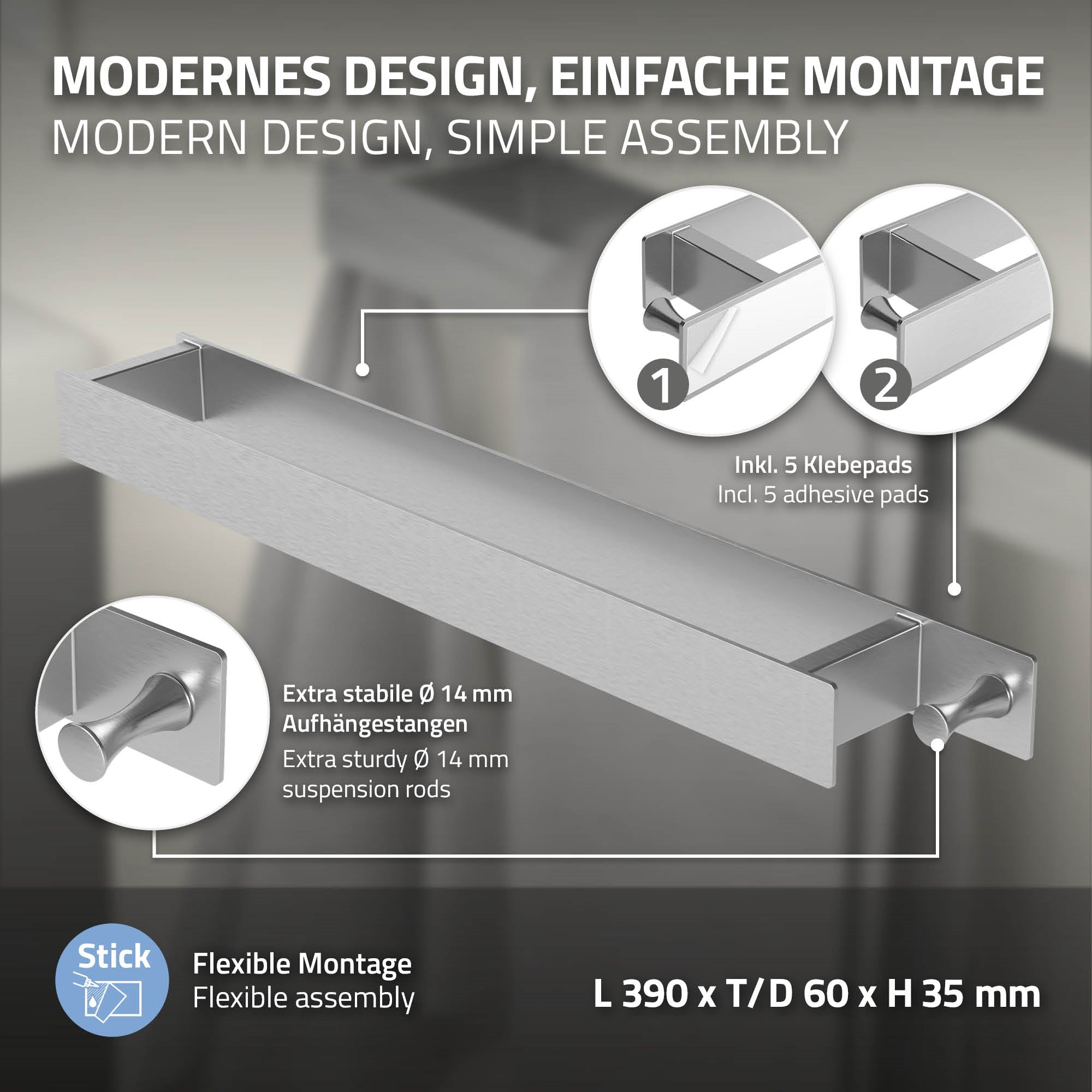 Grafik mit einem Handtuchhalter, der einfach montiert werden kann.