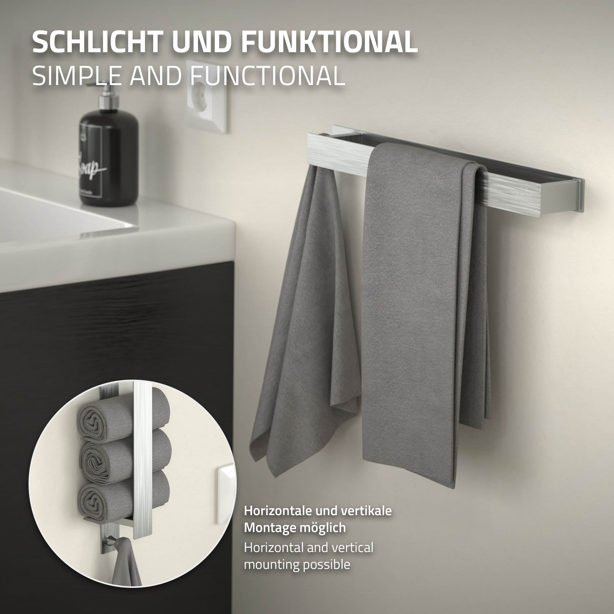 Handtuchhalter mit zwei Handtüchern, an der Wand montiert.
