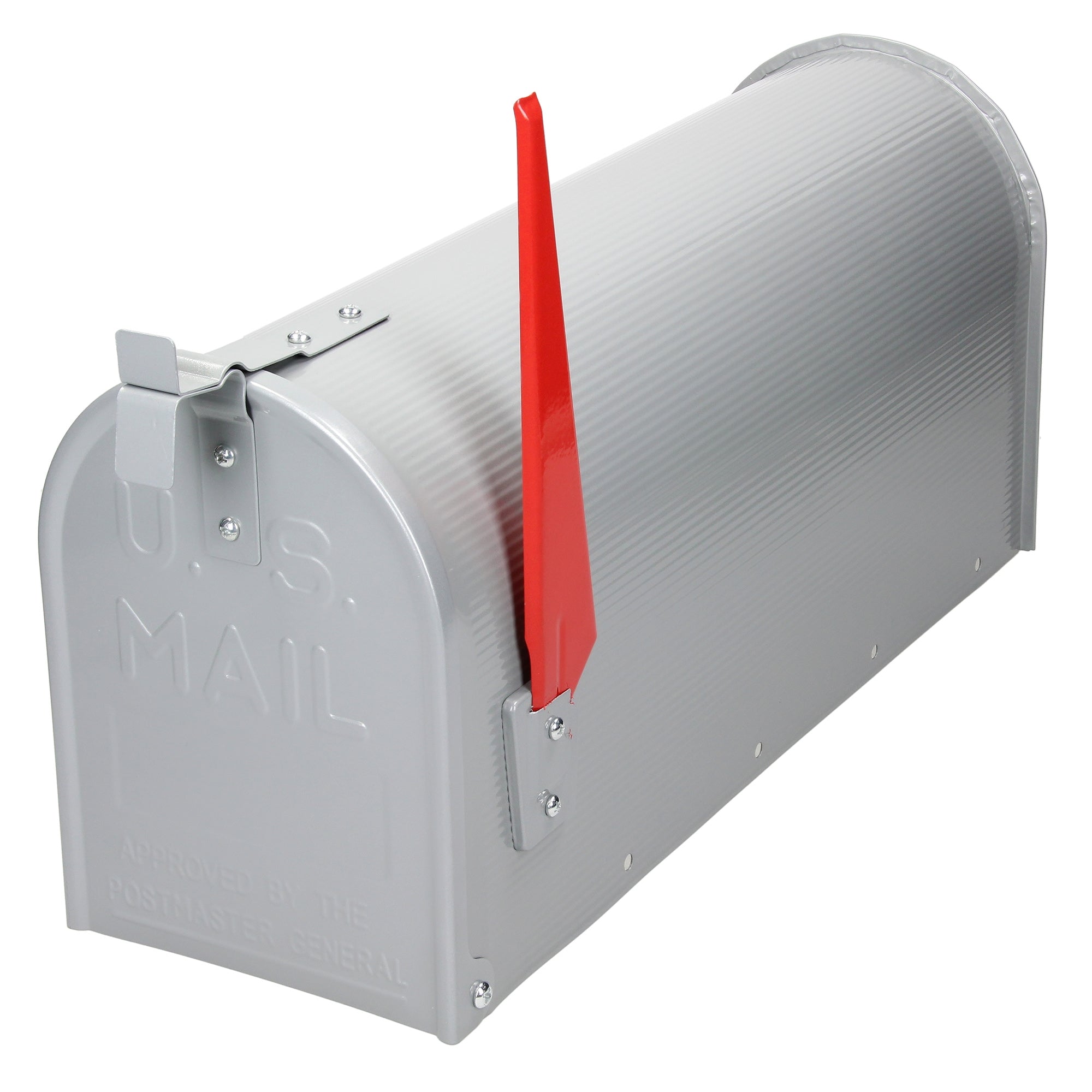 Boîte aux lettres grise avec un levier de drapeau rouge, sur un fond blanc.