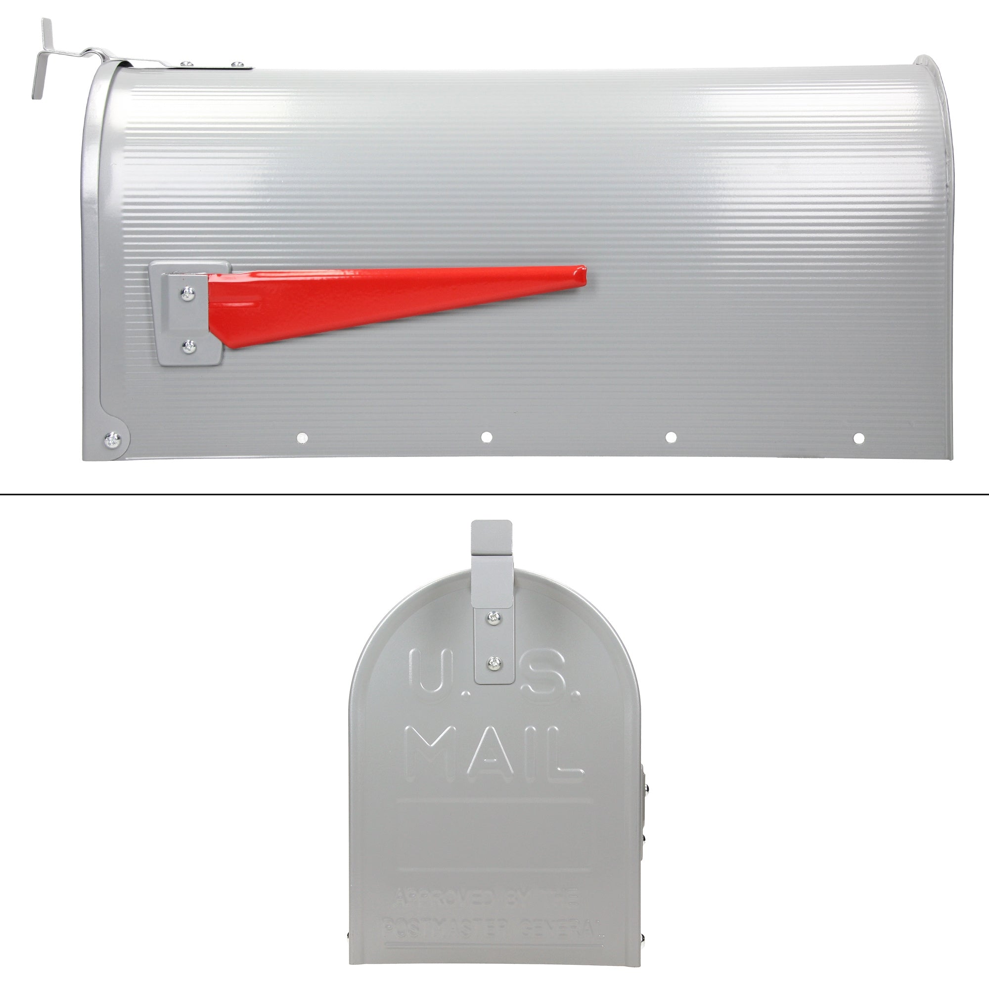 Boîte aux lettres grise avec un levier rouge et l'inscription U.S. Mail.