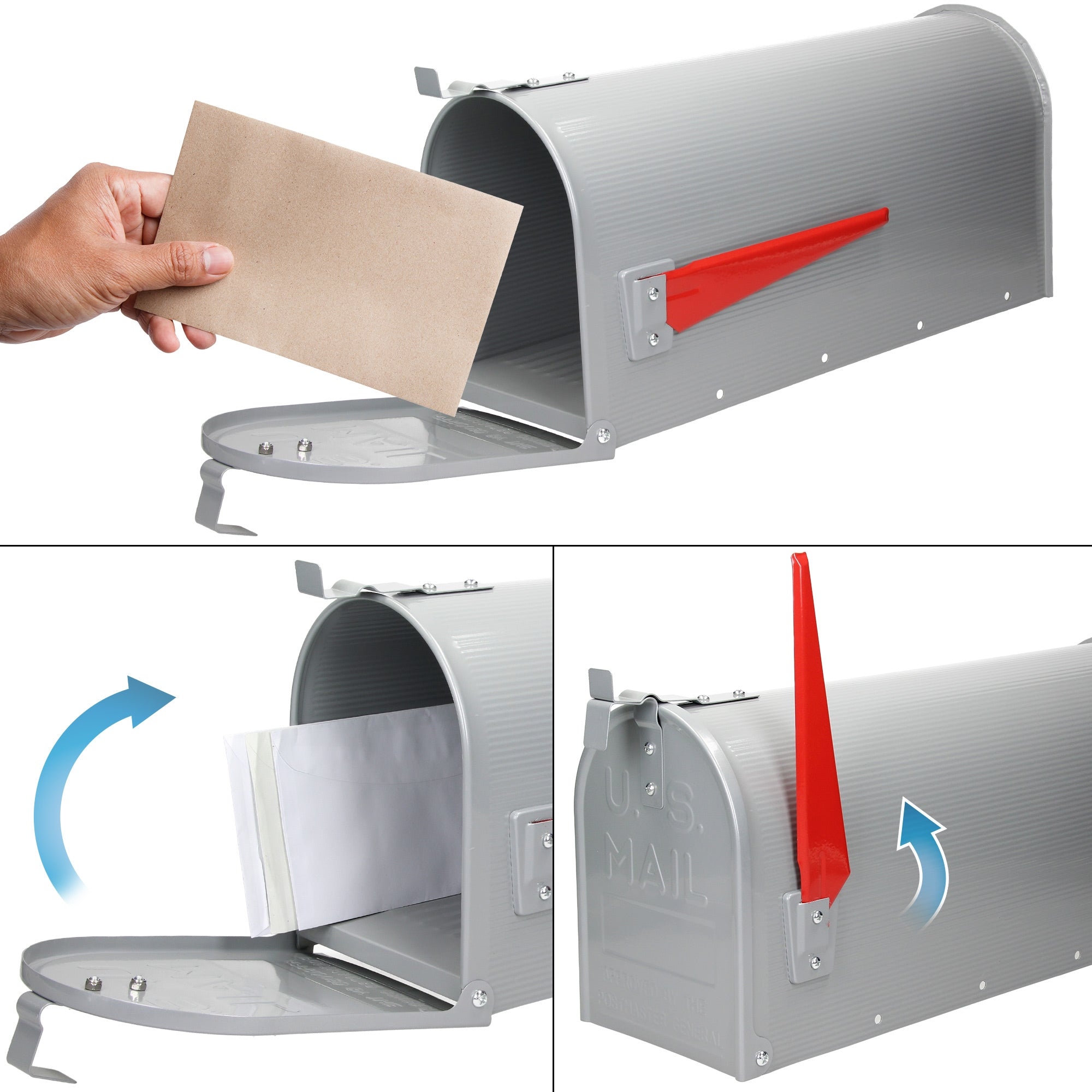 Gray mailbox with an open flap and a letter in hand.
