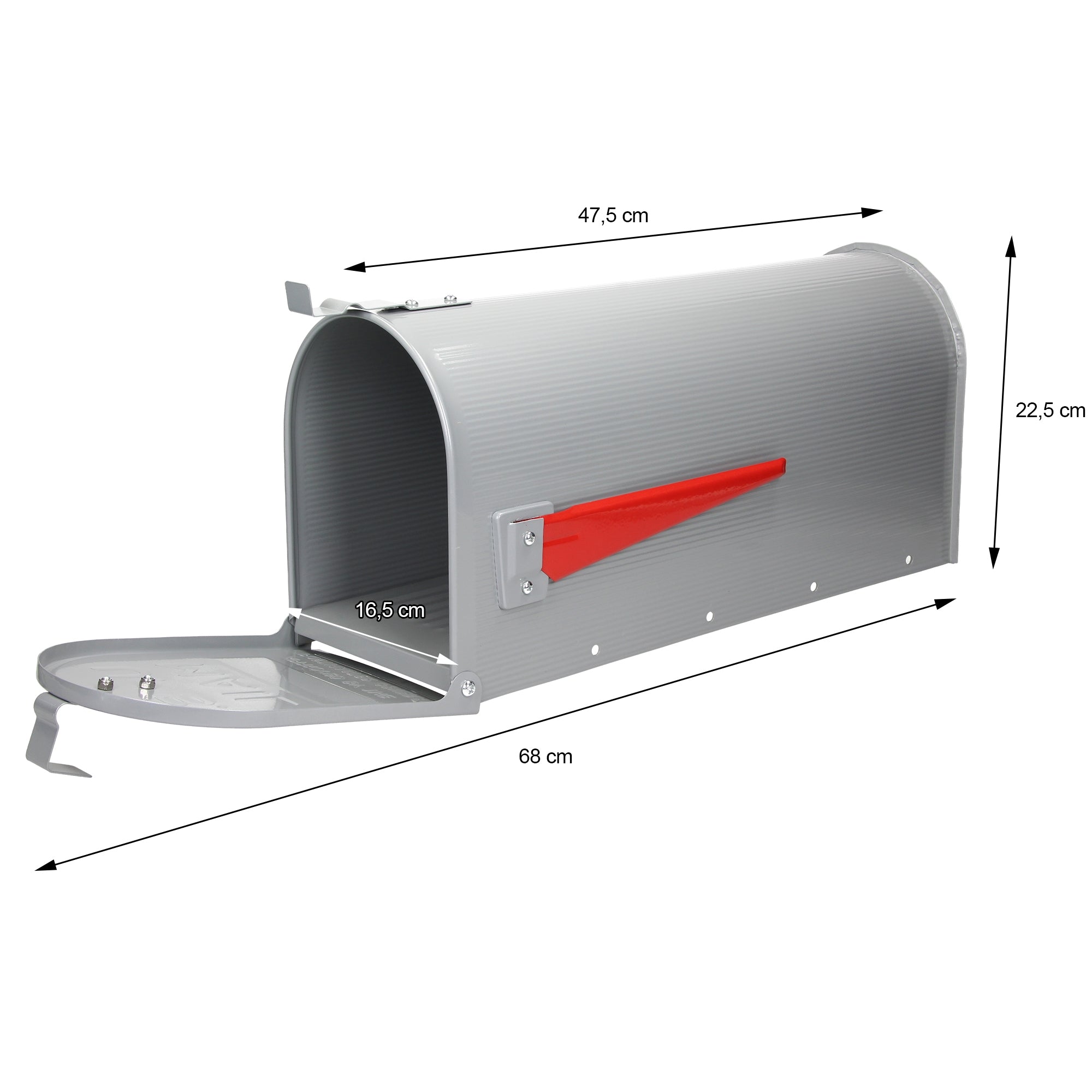 Boîte aux lettres grise avec des détails rouges et des dimensions.