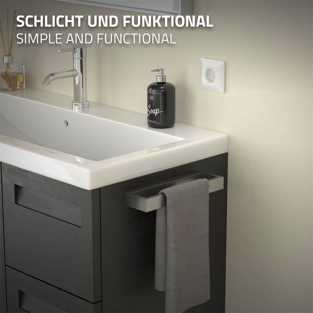 Waschbecken mit Seifenspender und Handtuchhalter an einer Wand.