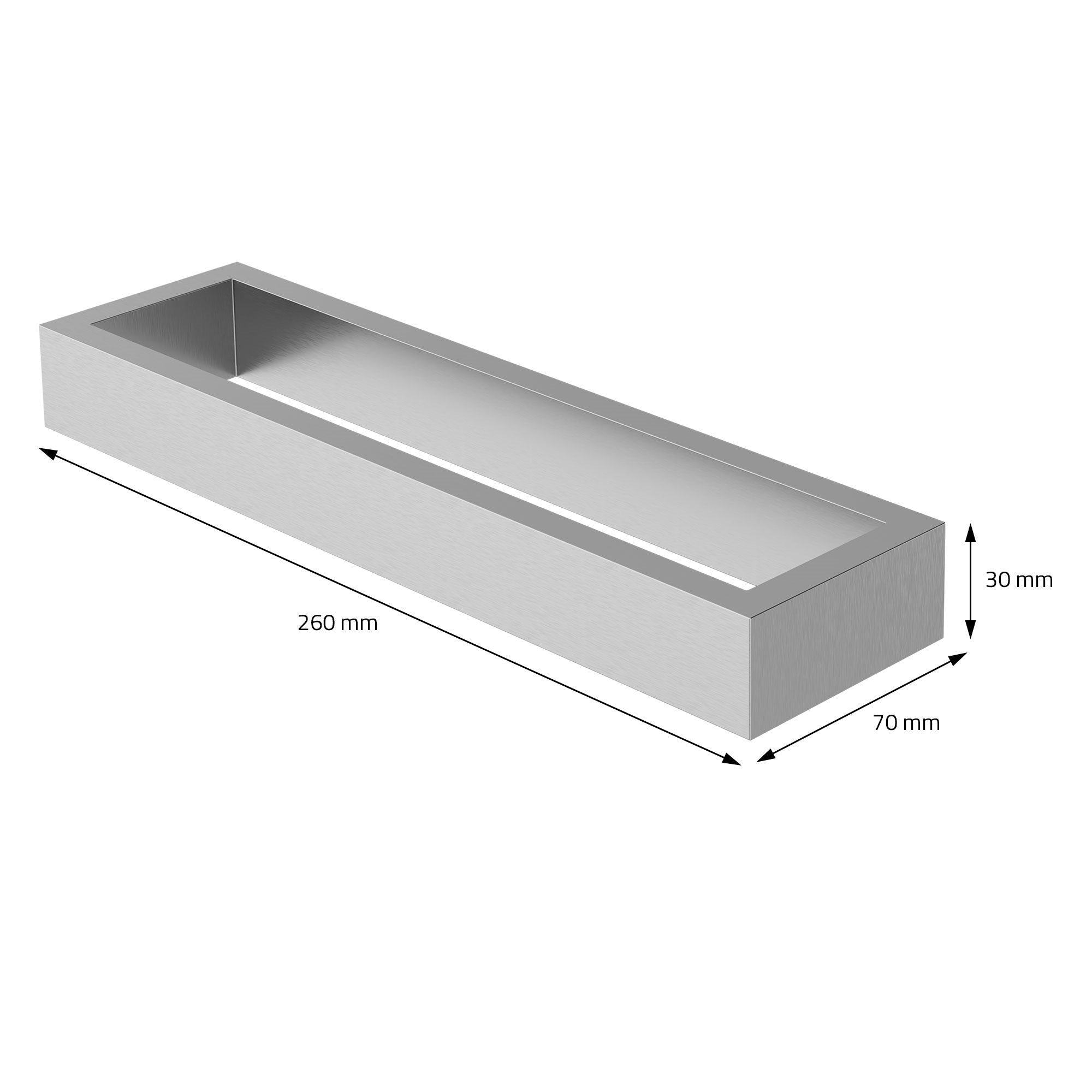 Lange, rechteckige Ablage mit Maßen: 260 mm x 70 mm x 30 mm.