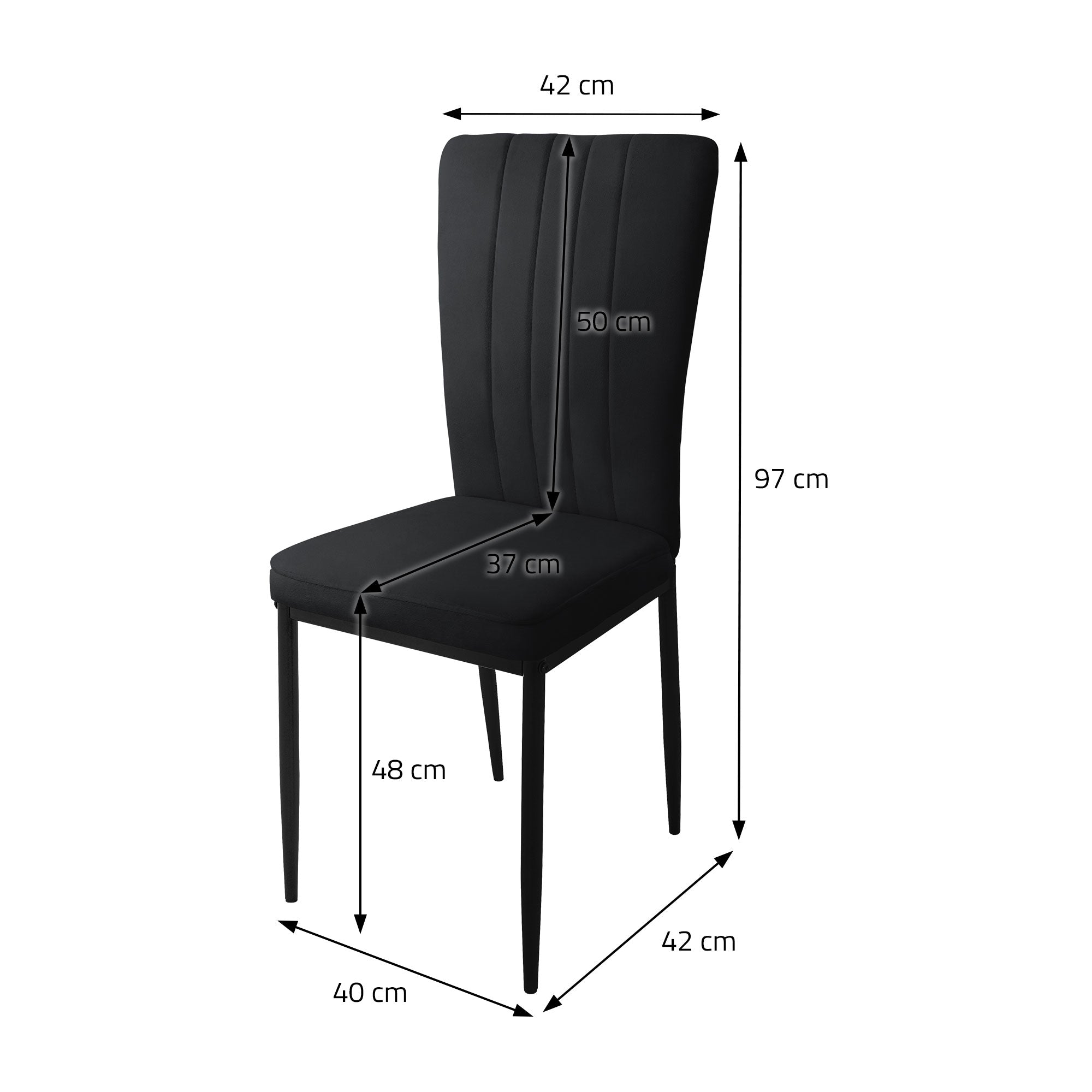Dimensions for a black chair, height 97 cm, width 42 cm.