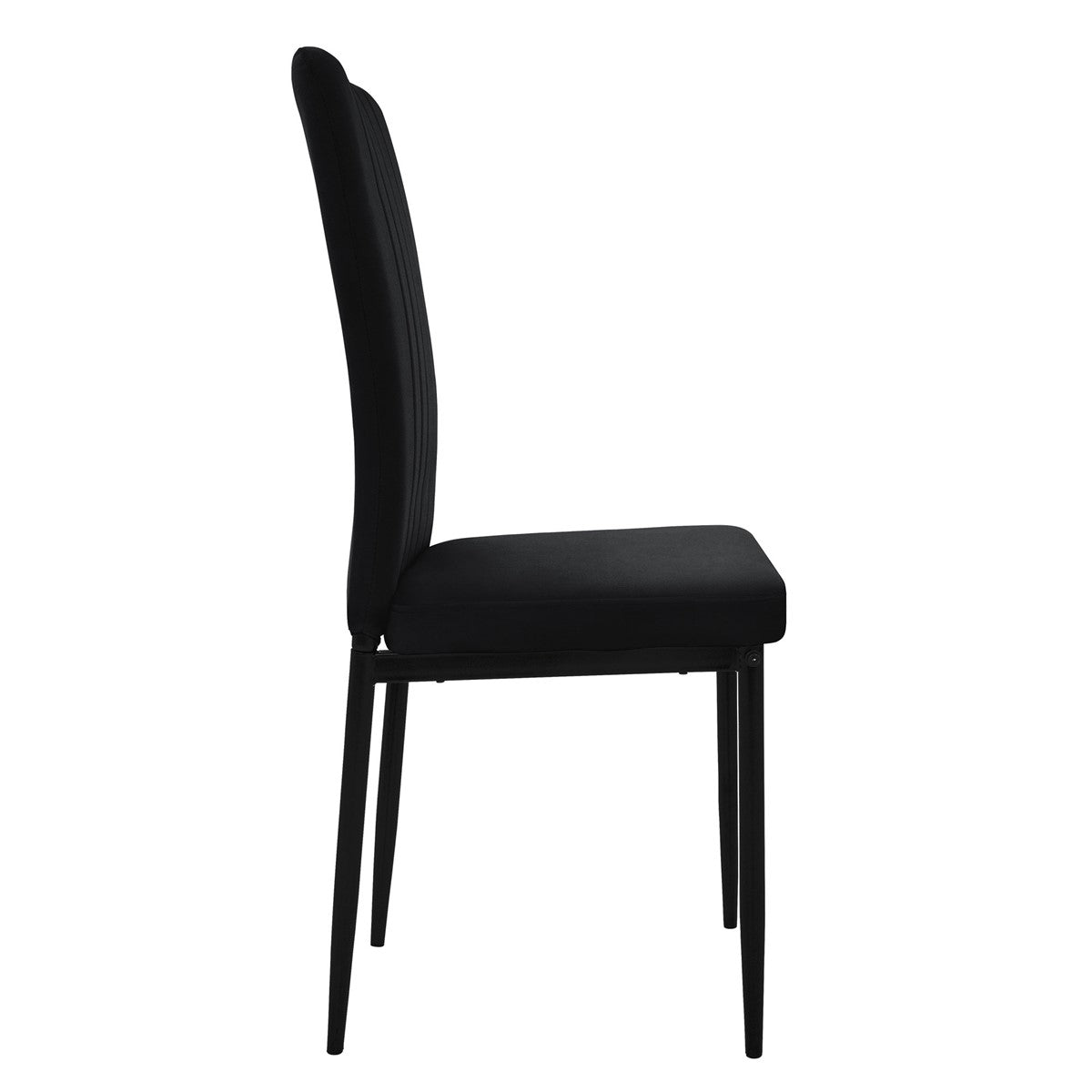 Vista lateral de una silla negra con asiento tapizado.