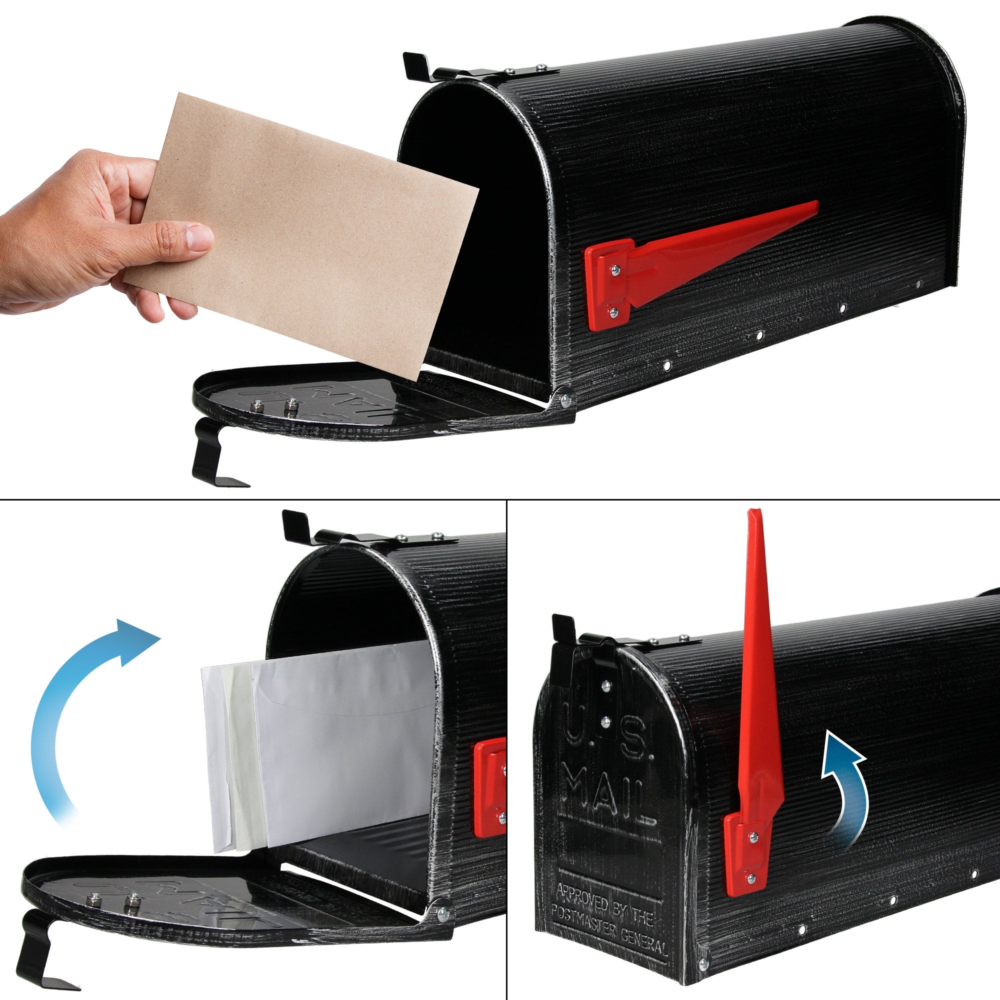 Schwarzer Briefkasten mit rotem Hebel und Brief im Inneren.