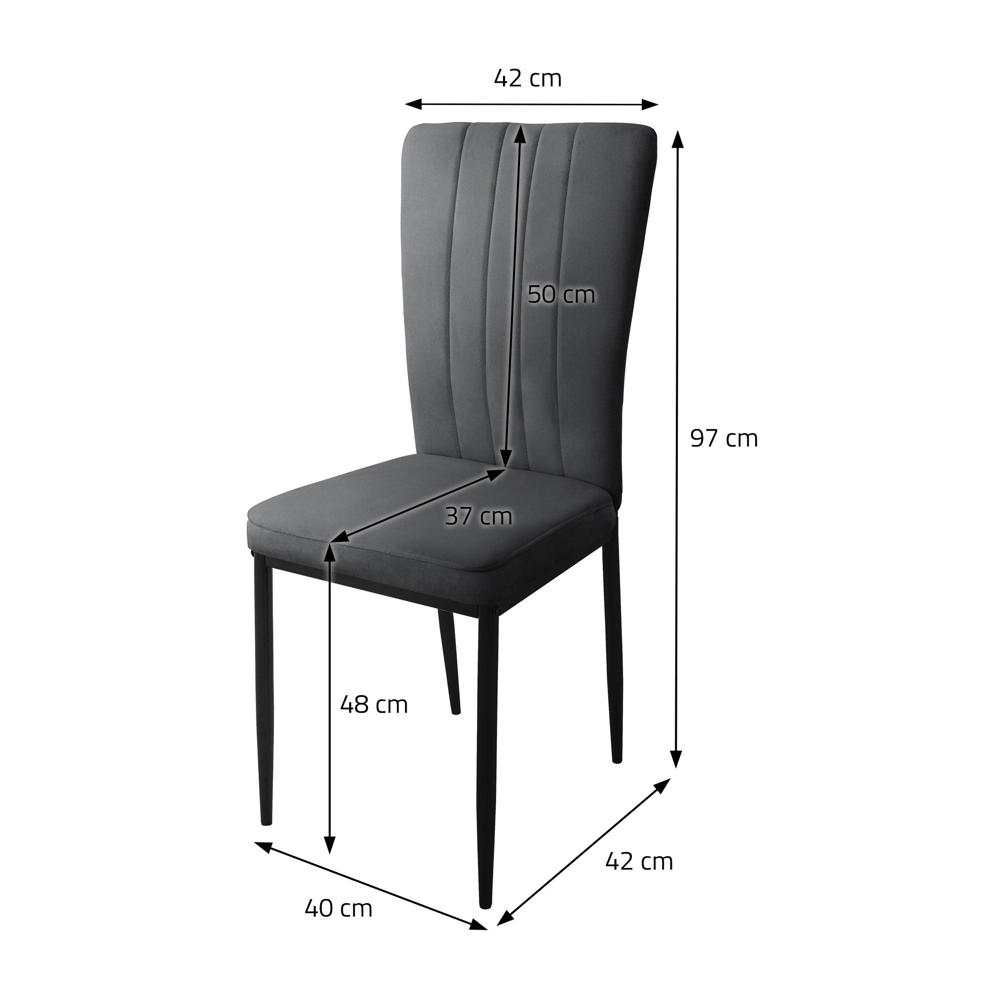 Grauer Stuhl mit Maßen: Höhe 97 cm, Breite 42 cm, Tiefe 40 cm.