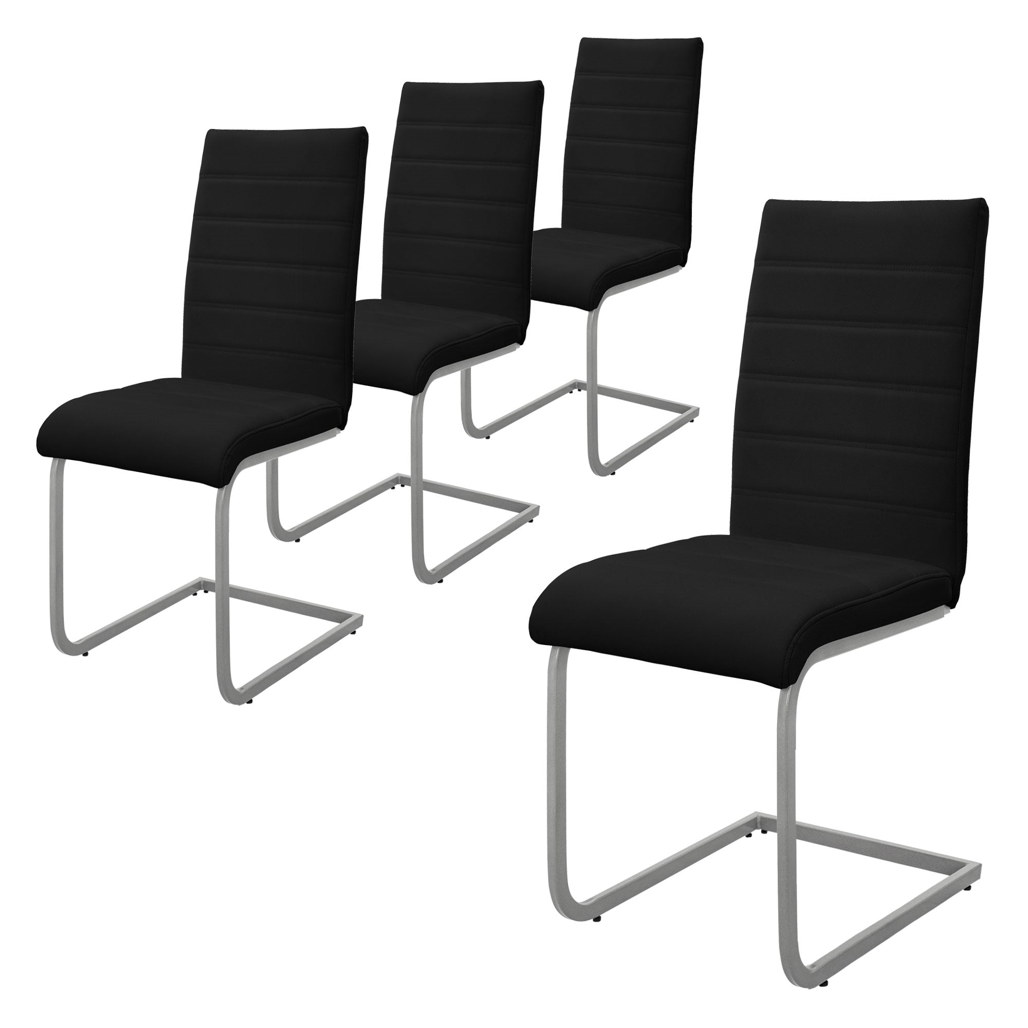 Vier schwarze Stühle mit Metallgestell in einer Reihe.