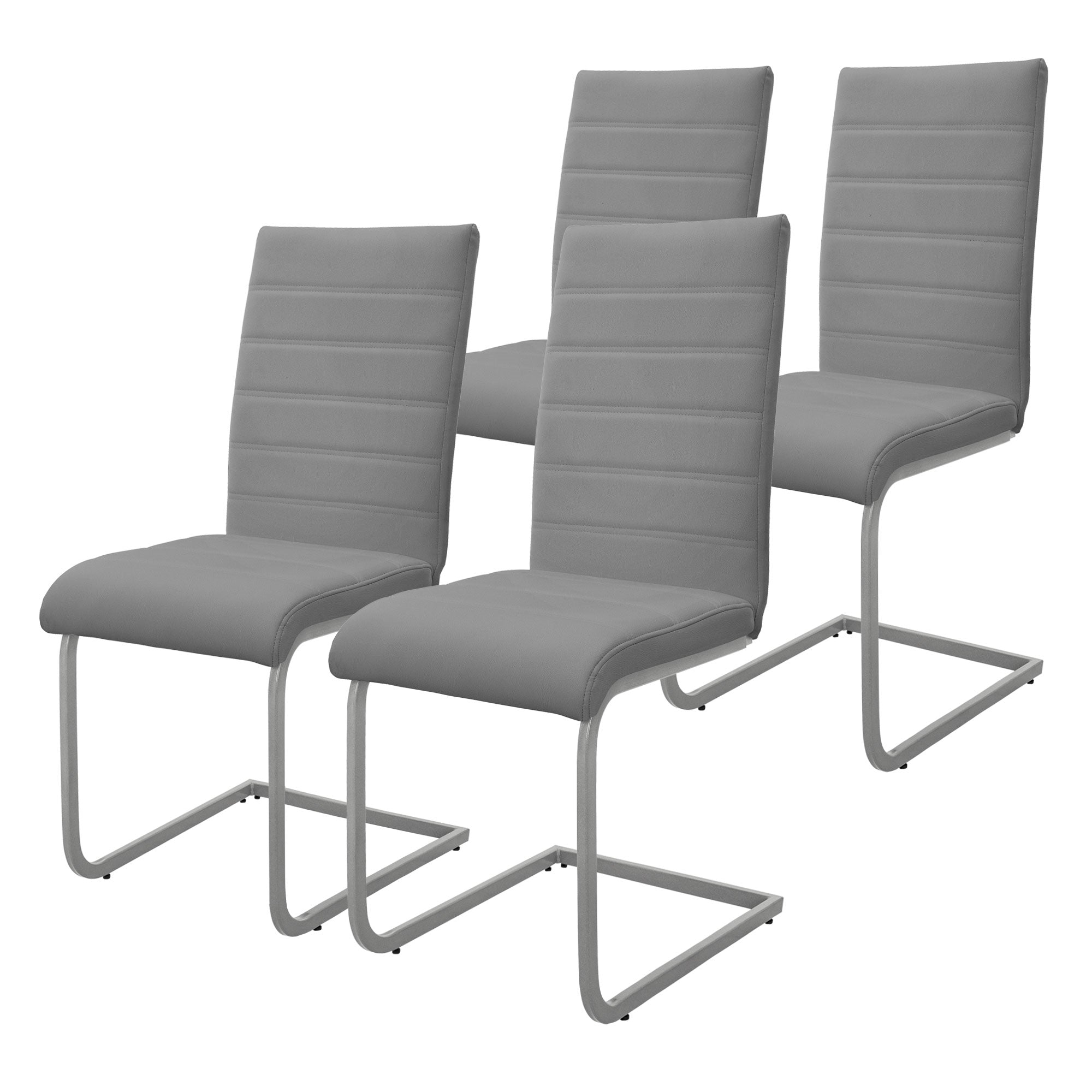 Four gray chairs with high backs and metal frames.