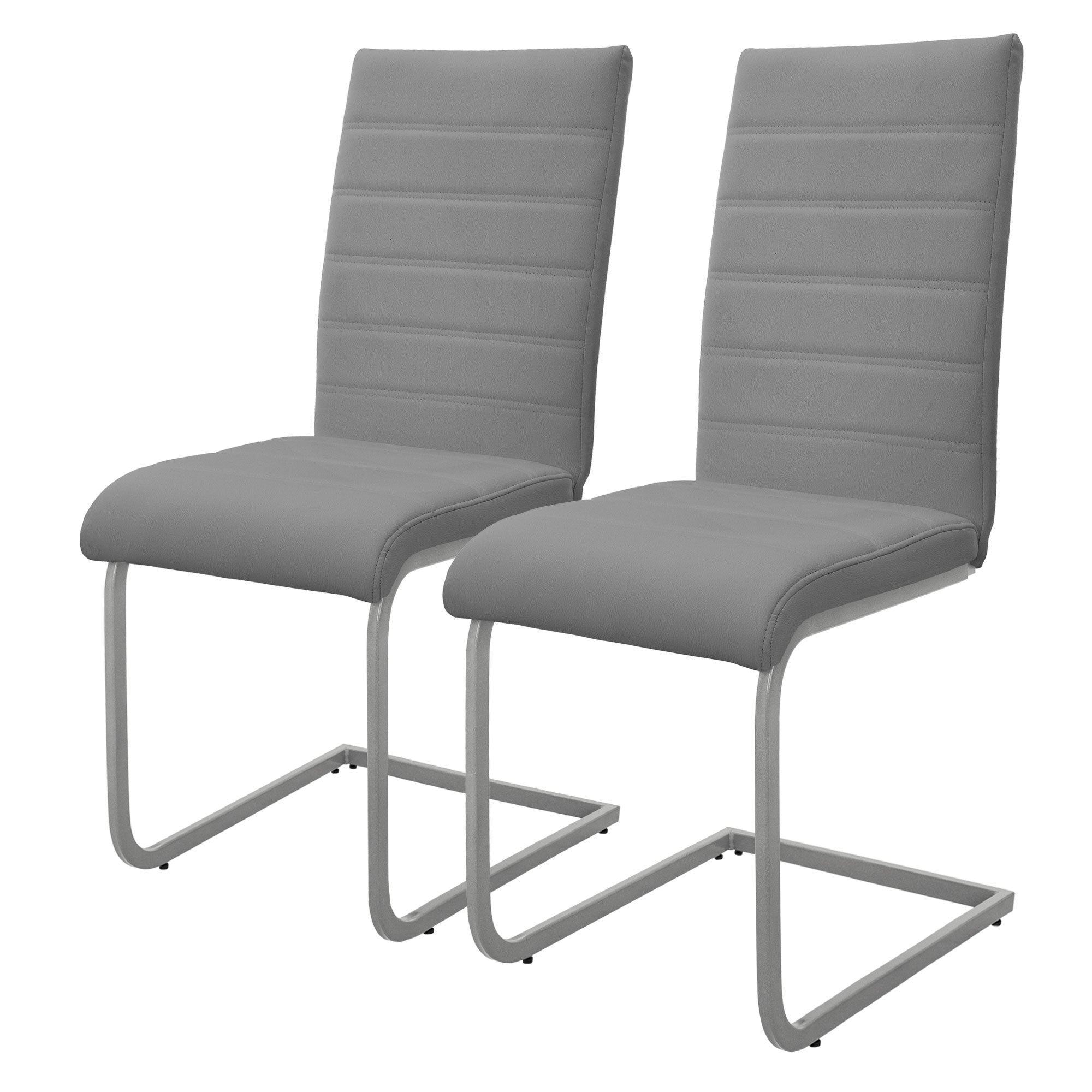 Zwei graue Stühle mit gepolsterten Sitzen und Metallgestell.