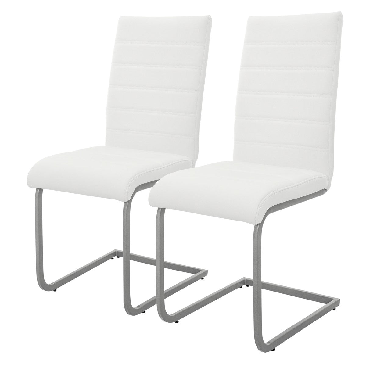 Two white chairs with high backs and curved seats.