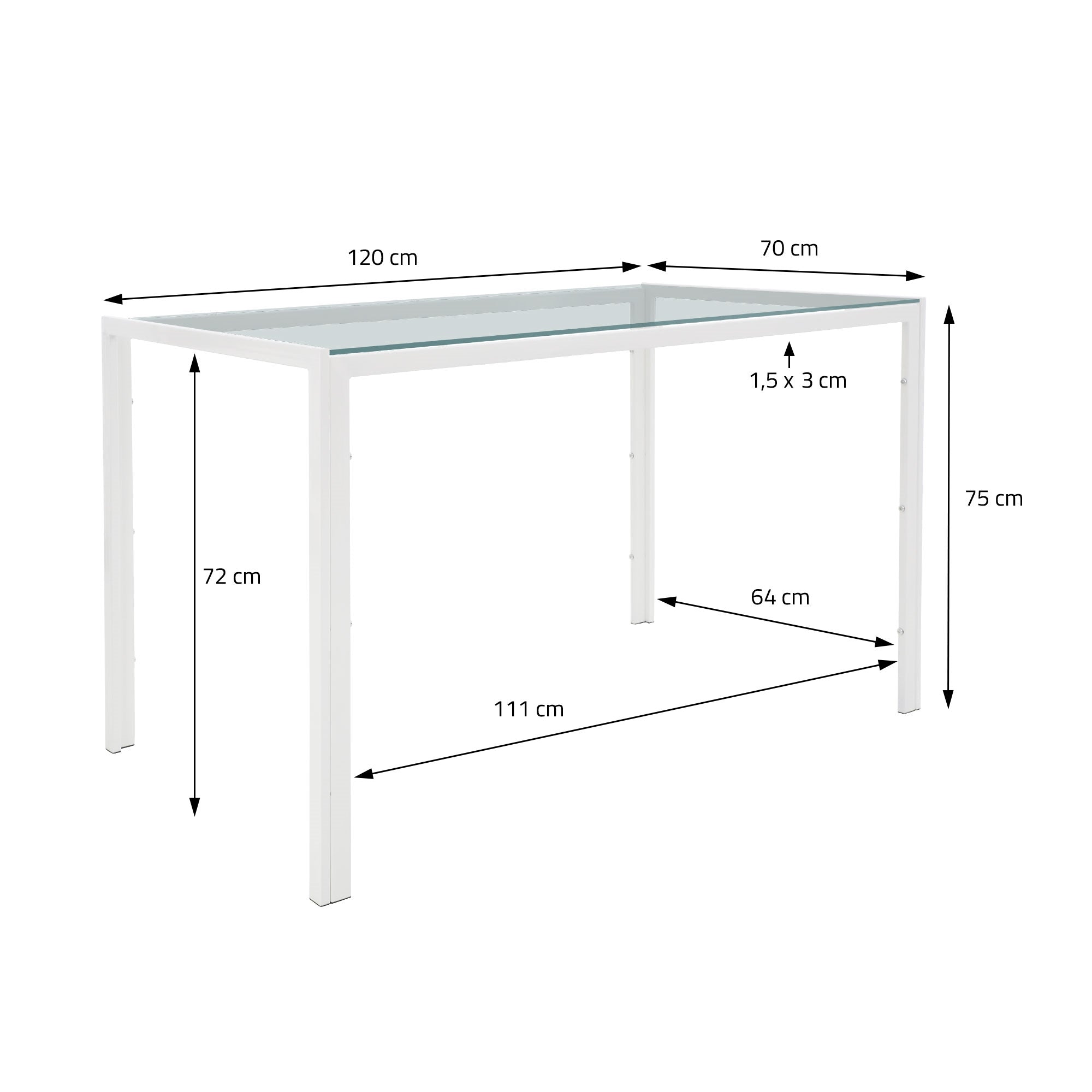Weißer Tisch mit Glasplatte, Maße: 120 cm x 70 cm x 75 cm.