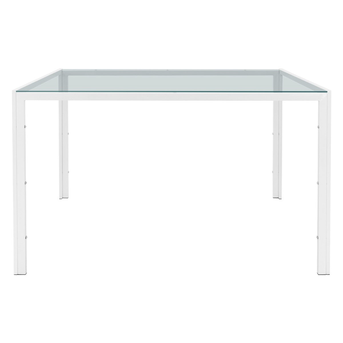 Table transparente avec des pieds blancs et un plateau en verre.