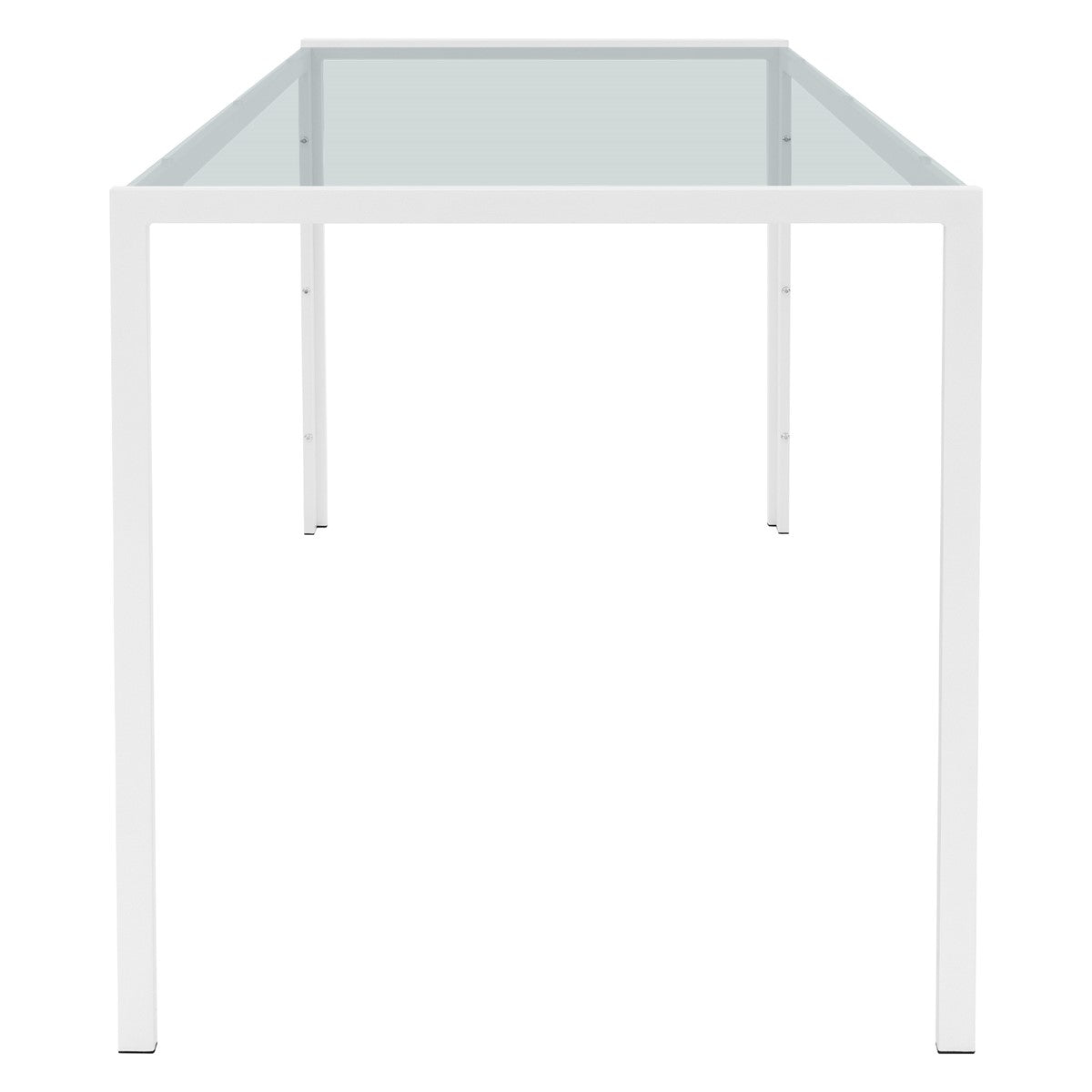 Une table avec du verre transparent et des pieds blancs, photographiée de face.