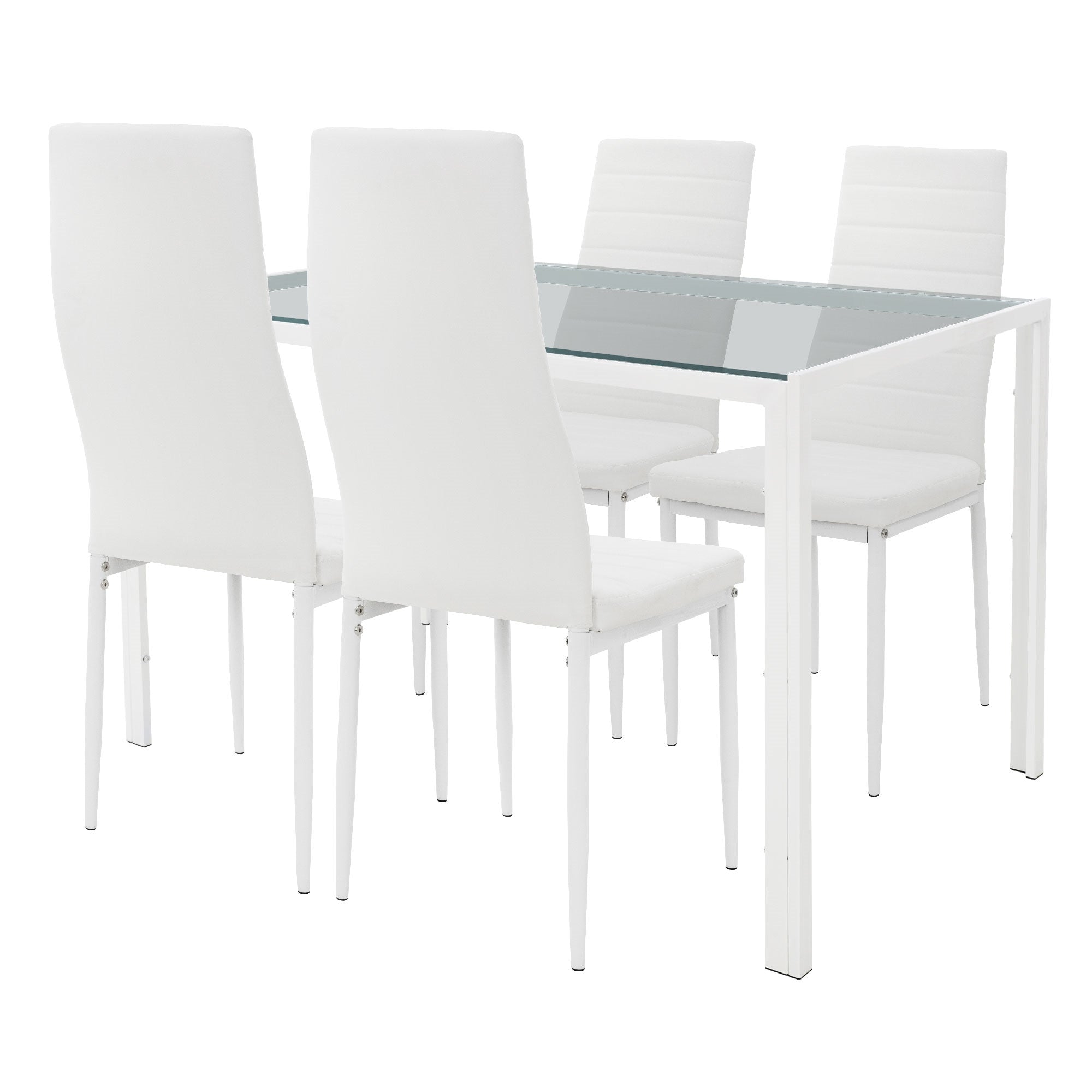 Weißer Tisch mit Glasplatte und vier weißen Stühlen, in einem modernen Raum.