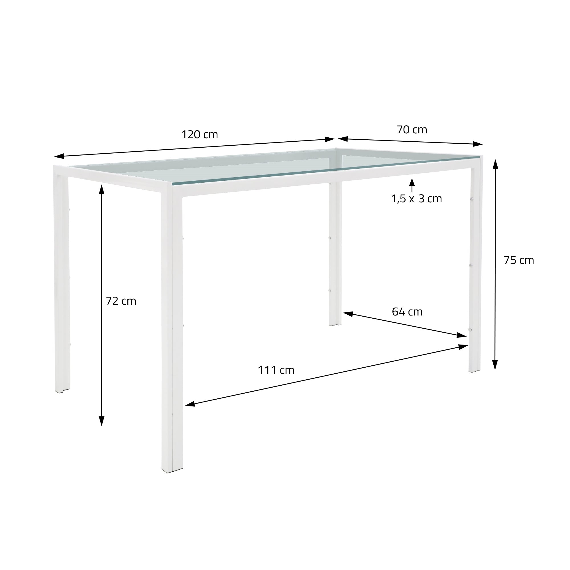 Fehér üveglapos asztal, méretek: 120 cm x 70 cm, magasság 75 cm.