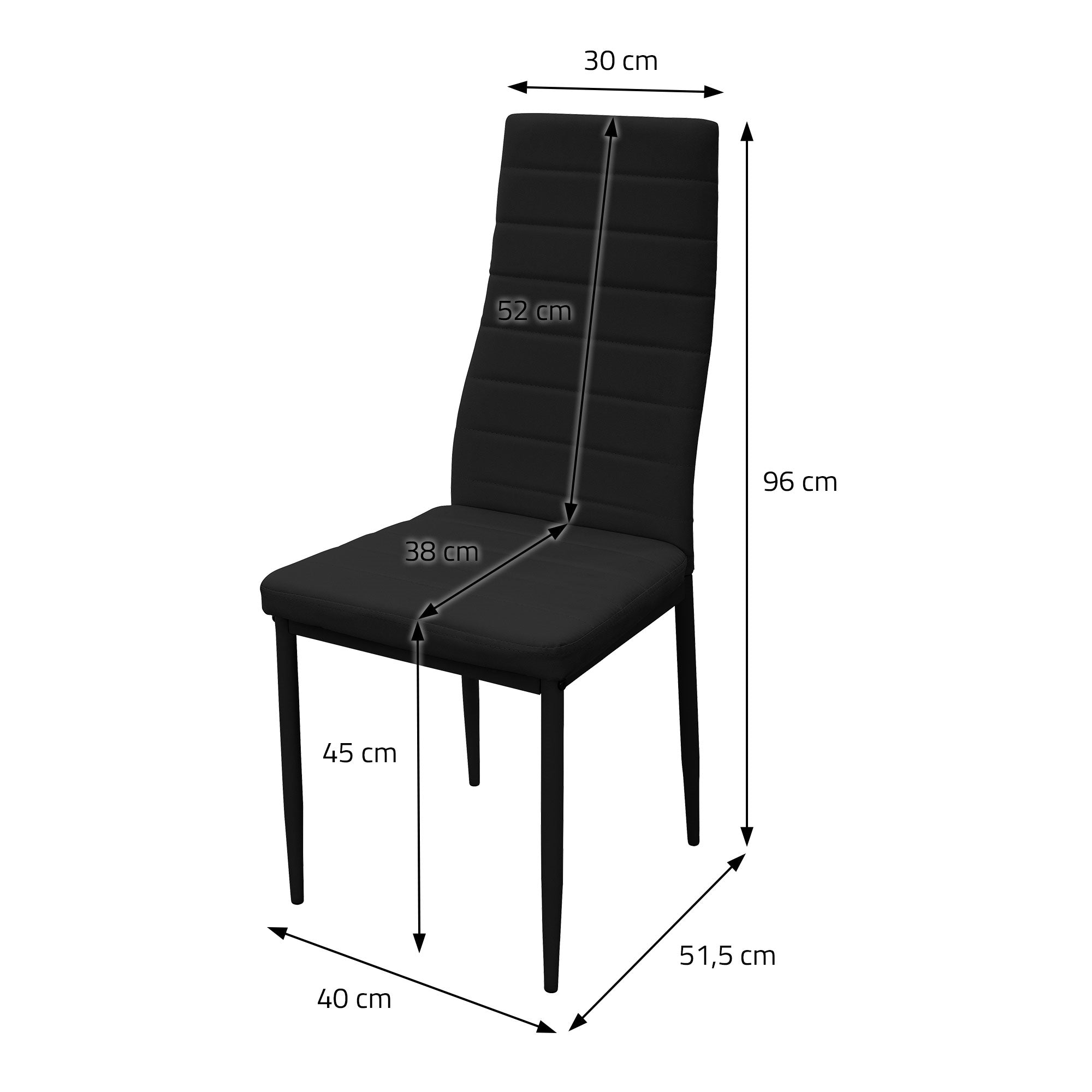 Una sedia nera con misure in centimetri, su uno sfondo bianco.