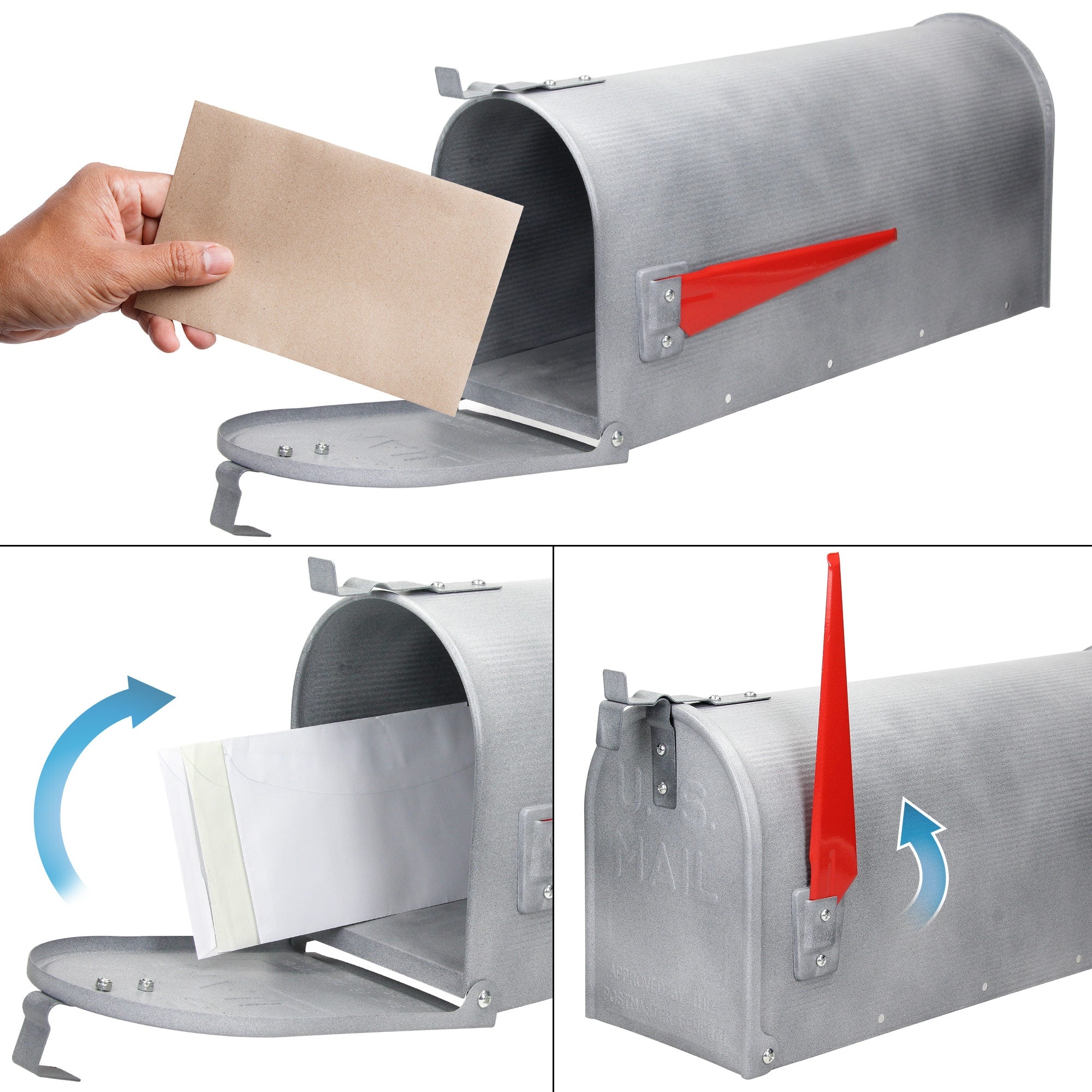 Grauer Briefkasten mit geöffneter Klappe und Brief in der Hand.