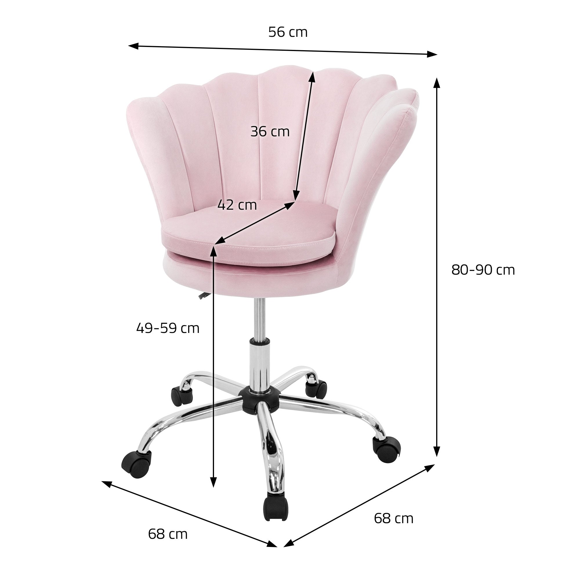 Rózsaszín irodai szék méretei: magasság 80-90 cm, szélesség 68 cm, mélység 56 cm.