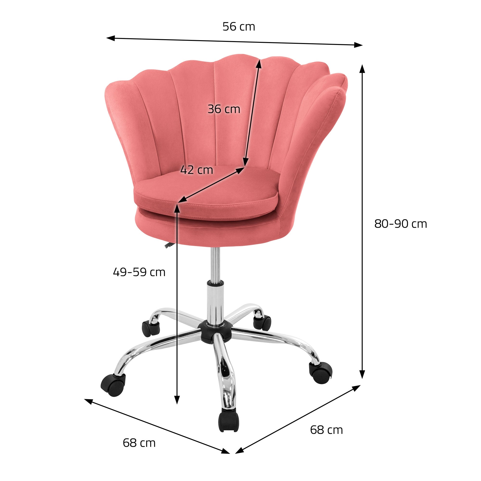 Dessin technique d'une chaise de bureau rose avec des dimensions en centimètres.