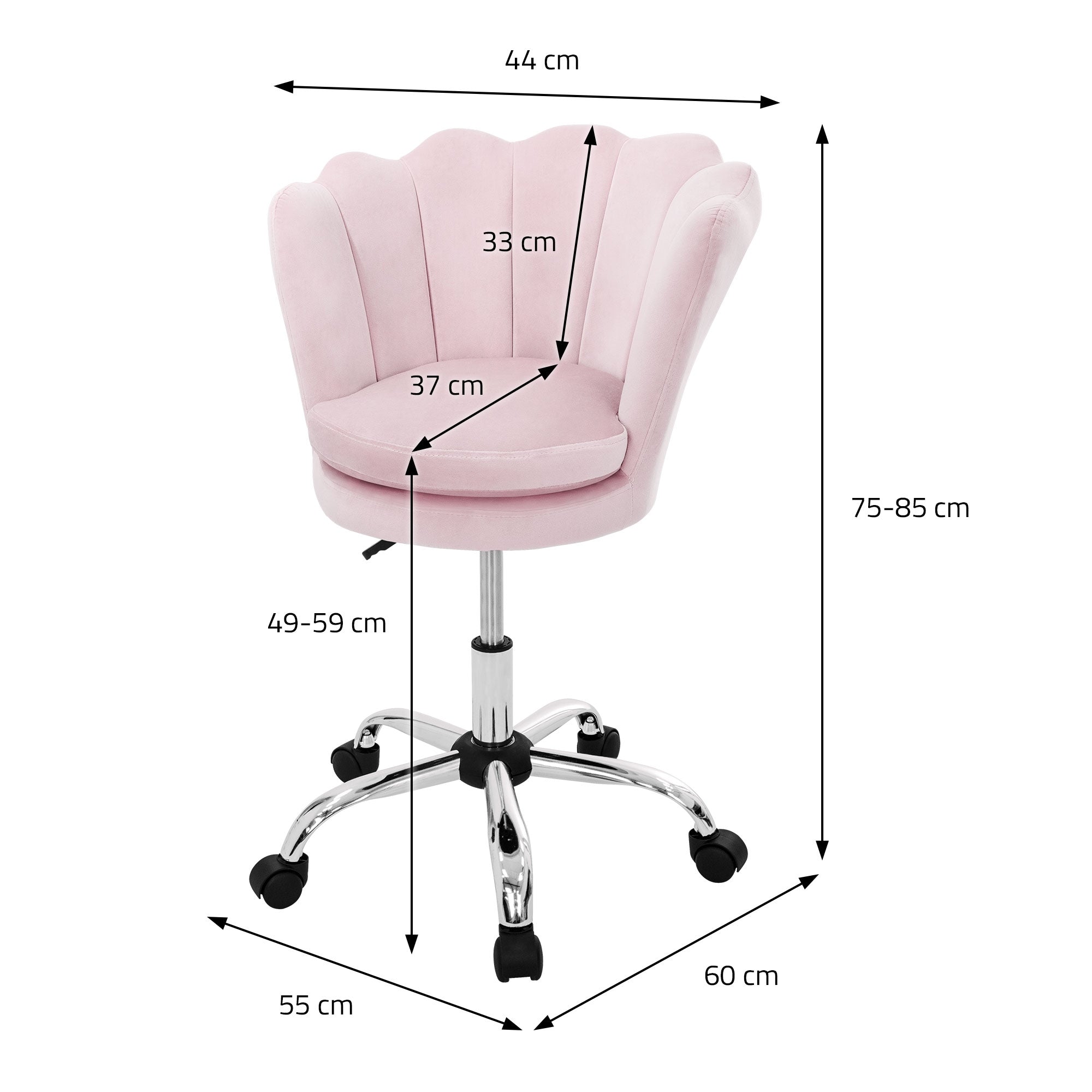 Målestregning af en kontorstol med dimensioner i centimeter.