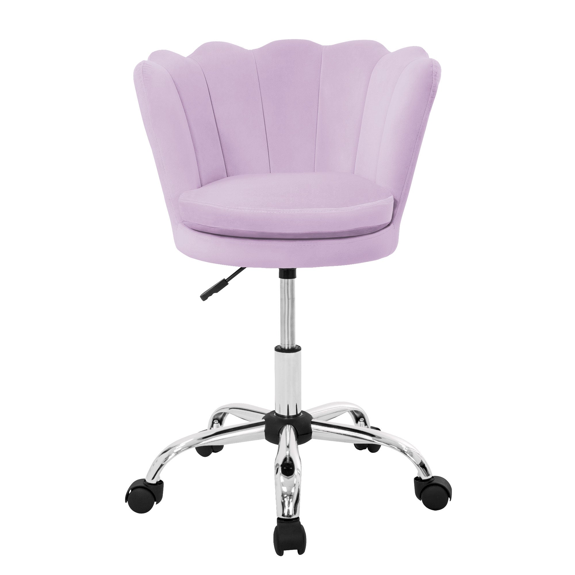 Sedia da ufficio viola con base cromata e ruote.