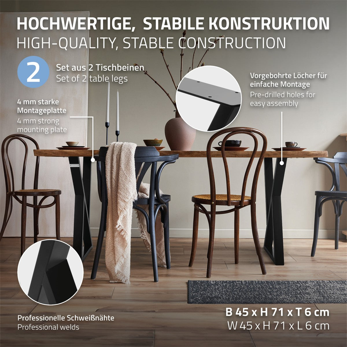 Tisch mit stabiler Konstruktion und Montageanleitung in einem Raum.