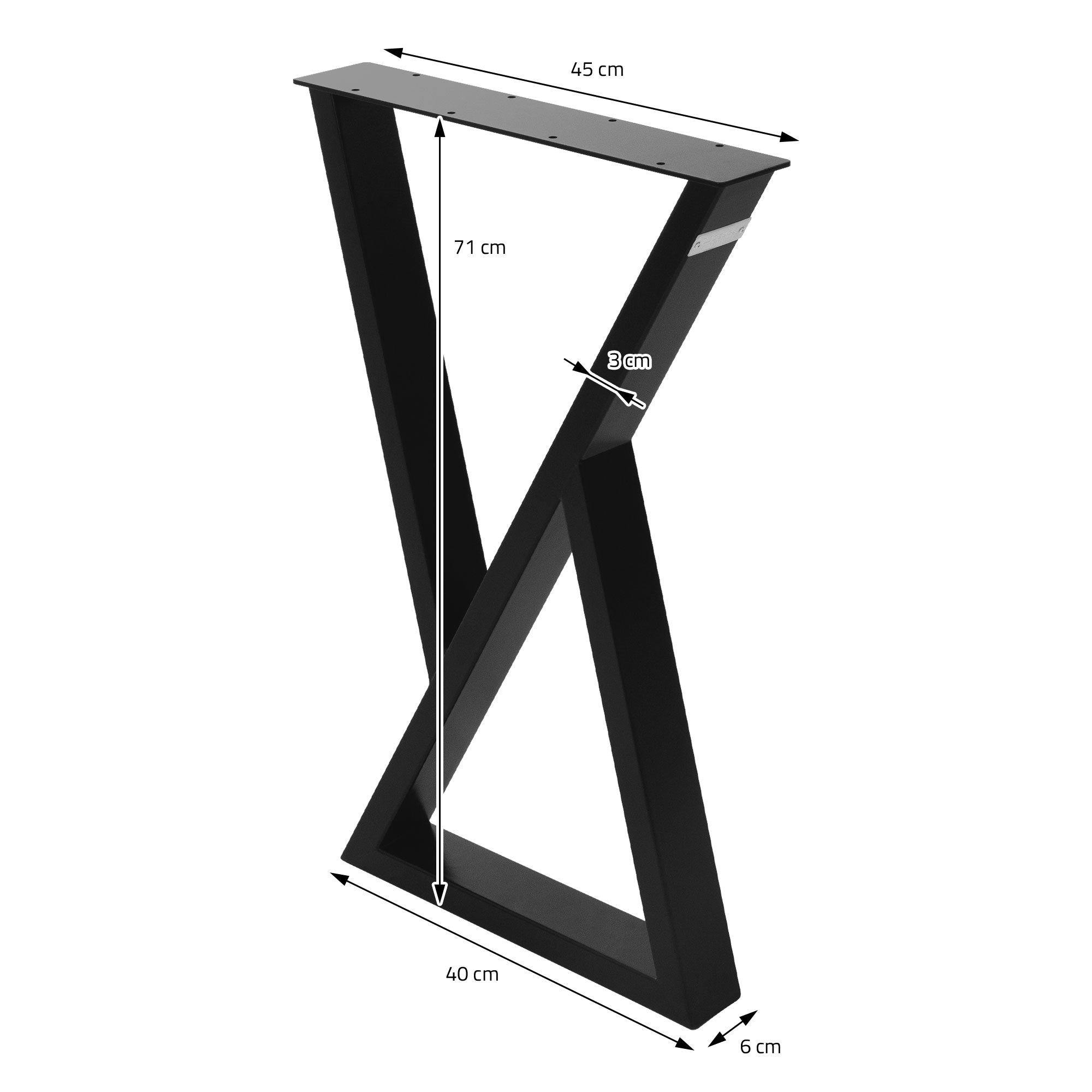 Black table frame with dimensions and construction details.