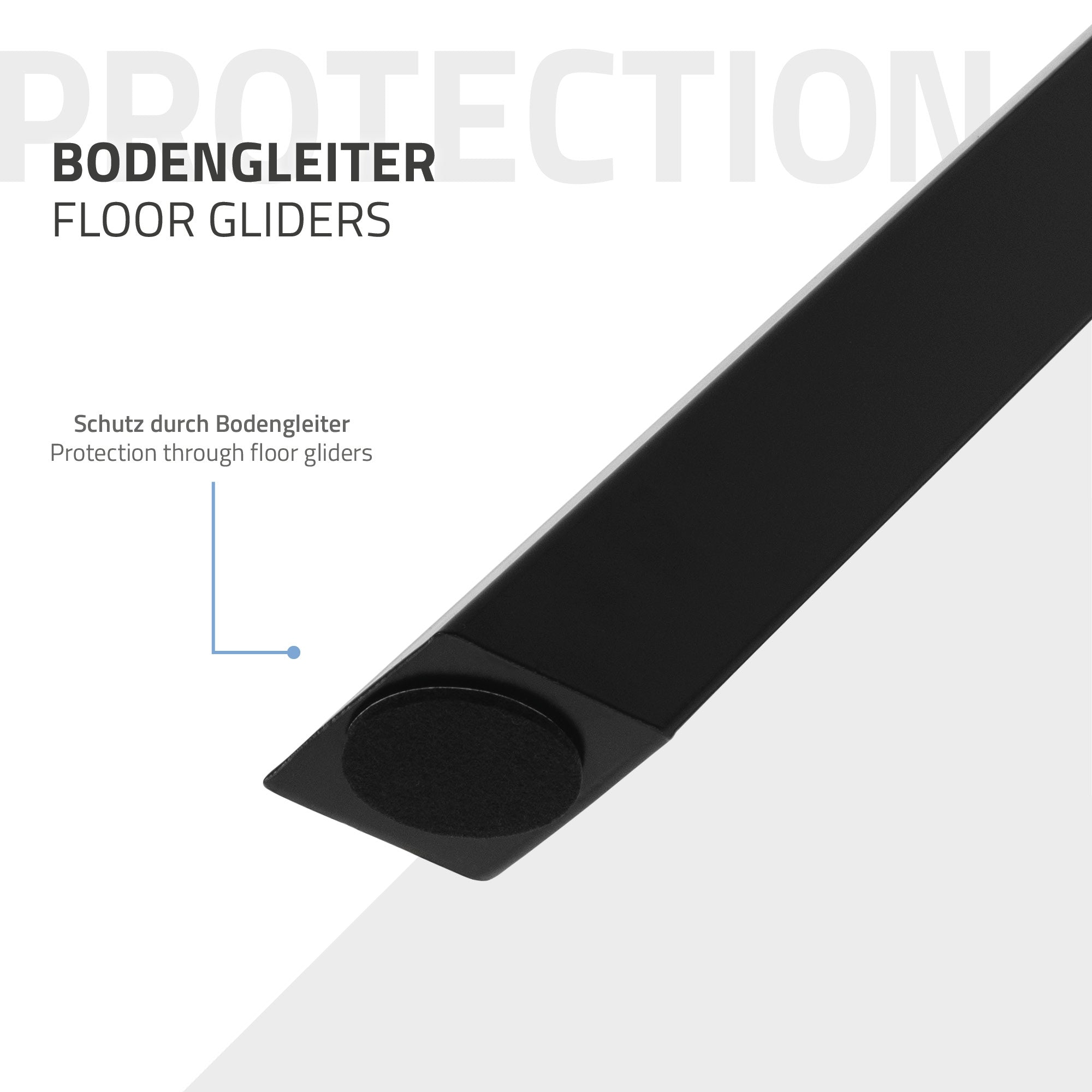 Detailansicht eines Tischgestells mit Bodengleitern zur Schonung des Fußbodens.