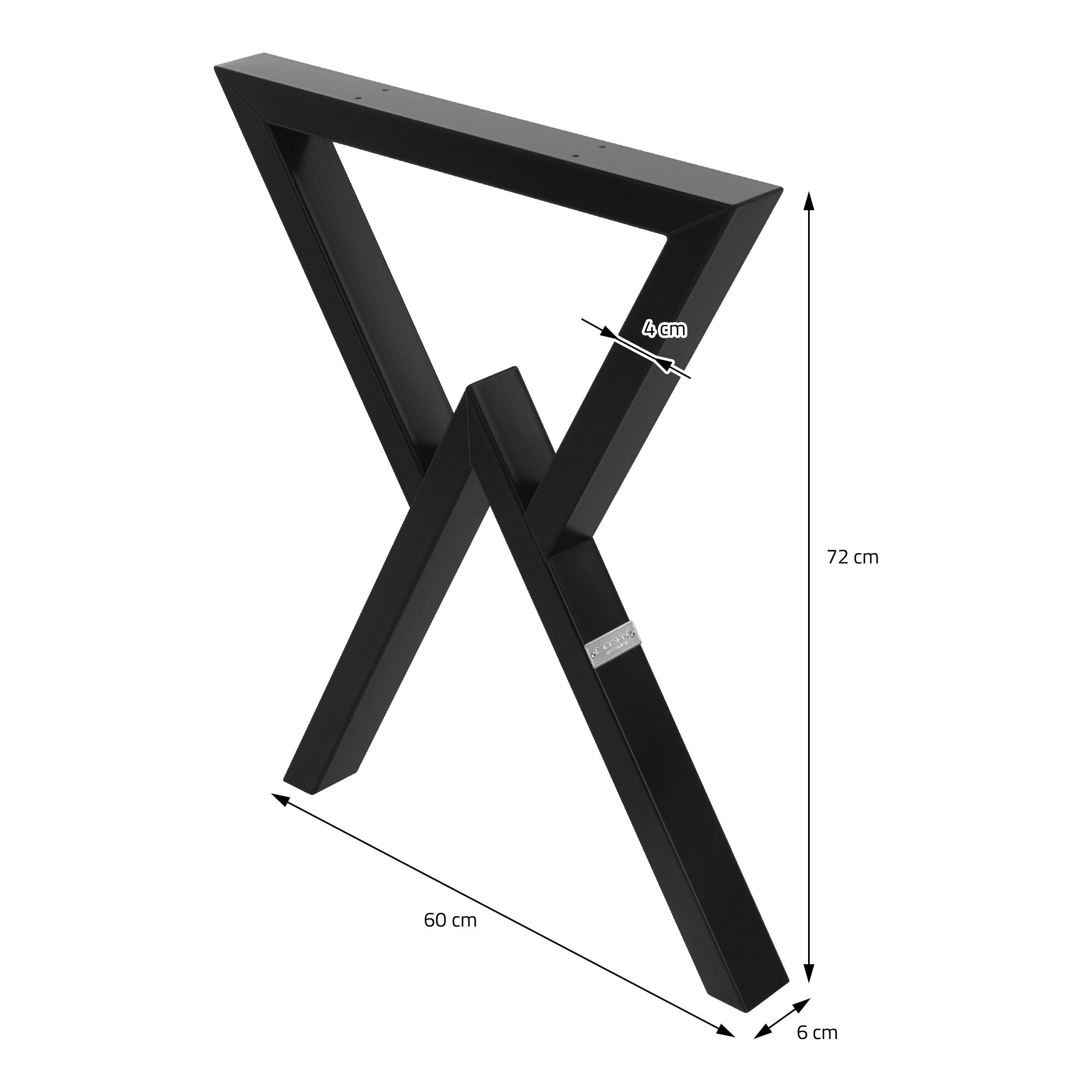 Un support de table noir en forme de X avec des dimensions et une hauteur de 72 cm.