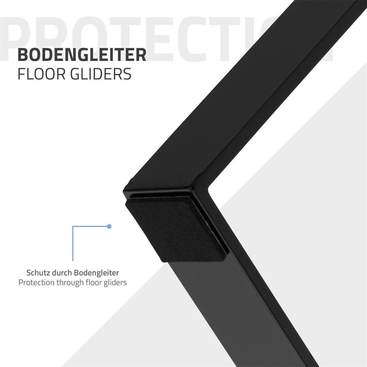 Detailaufnahme eines schwarzen Bodengleiters an einem Möbelstück.