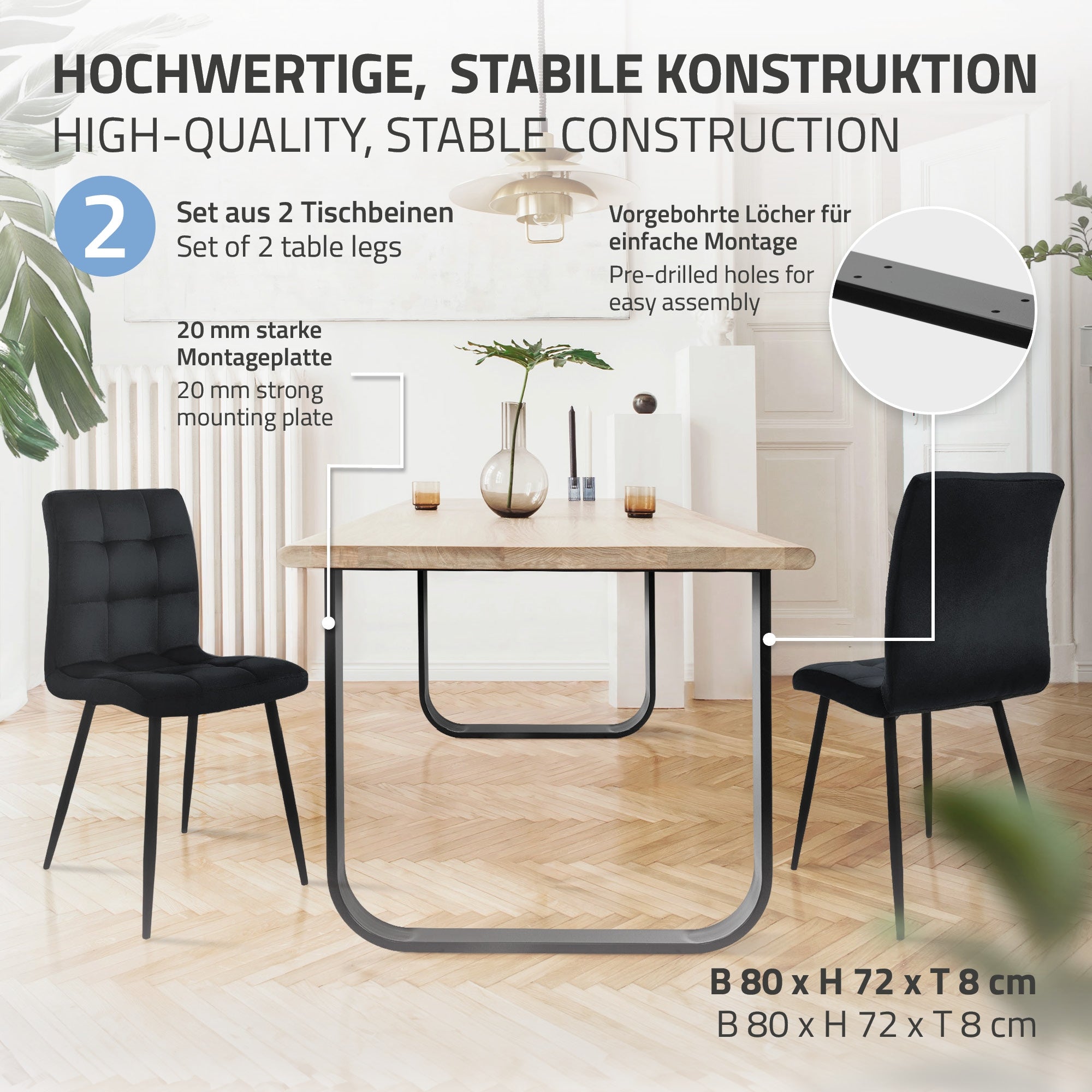 Ein Tisch mit stabiler Konstruktion, zwei Stühlen und einer Montageplatte.