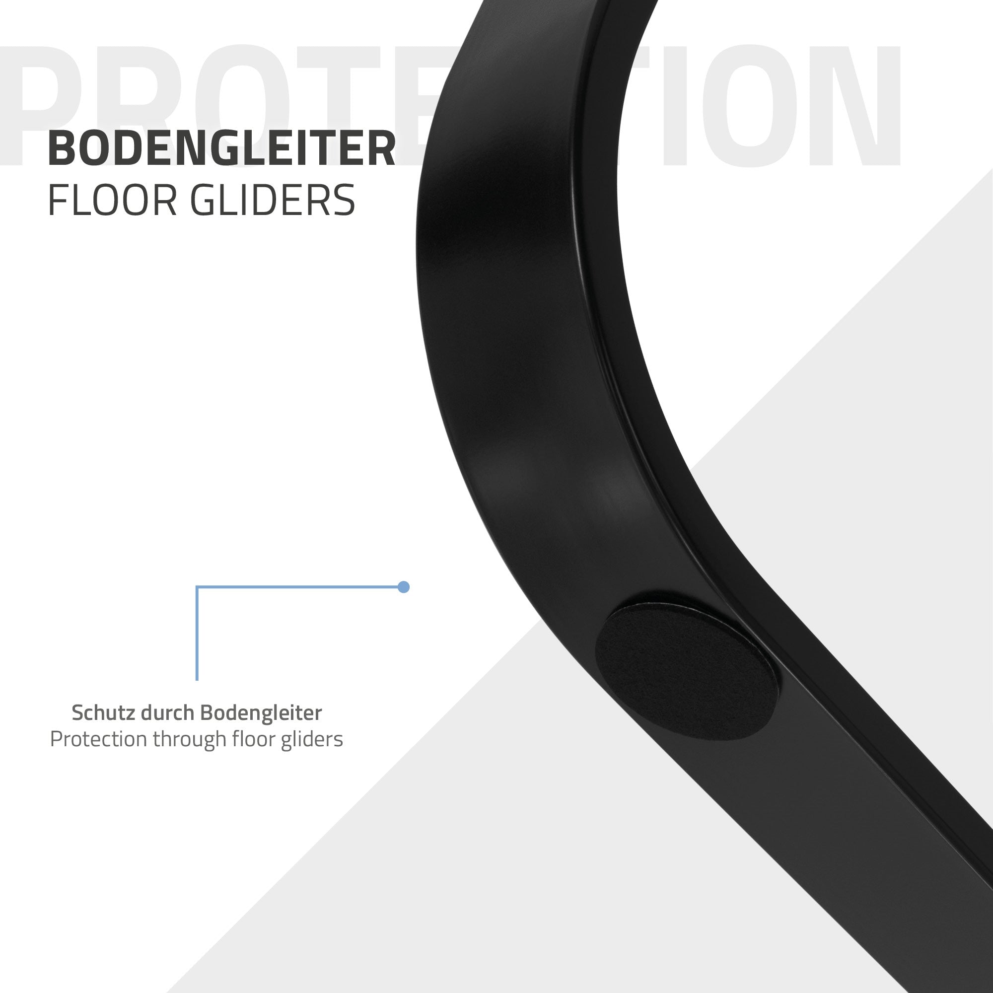 Close-up of a black table leg with a floor glide.