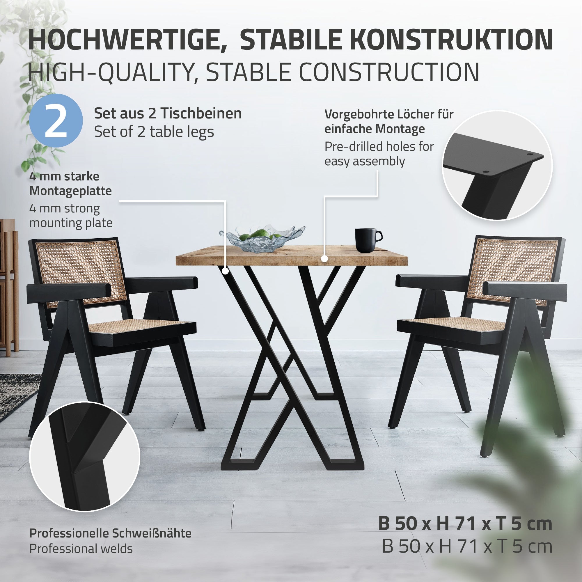 Ein runder Tisch mit zwei Stühlen, die eine stabile Konstruktion zeigen.
