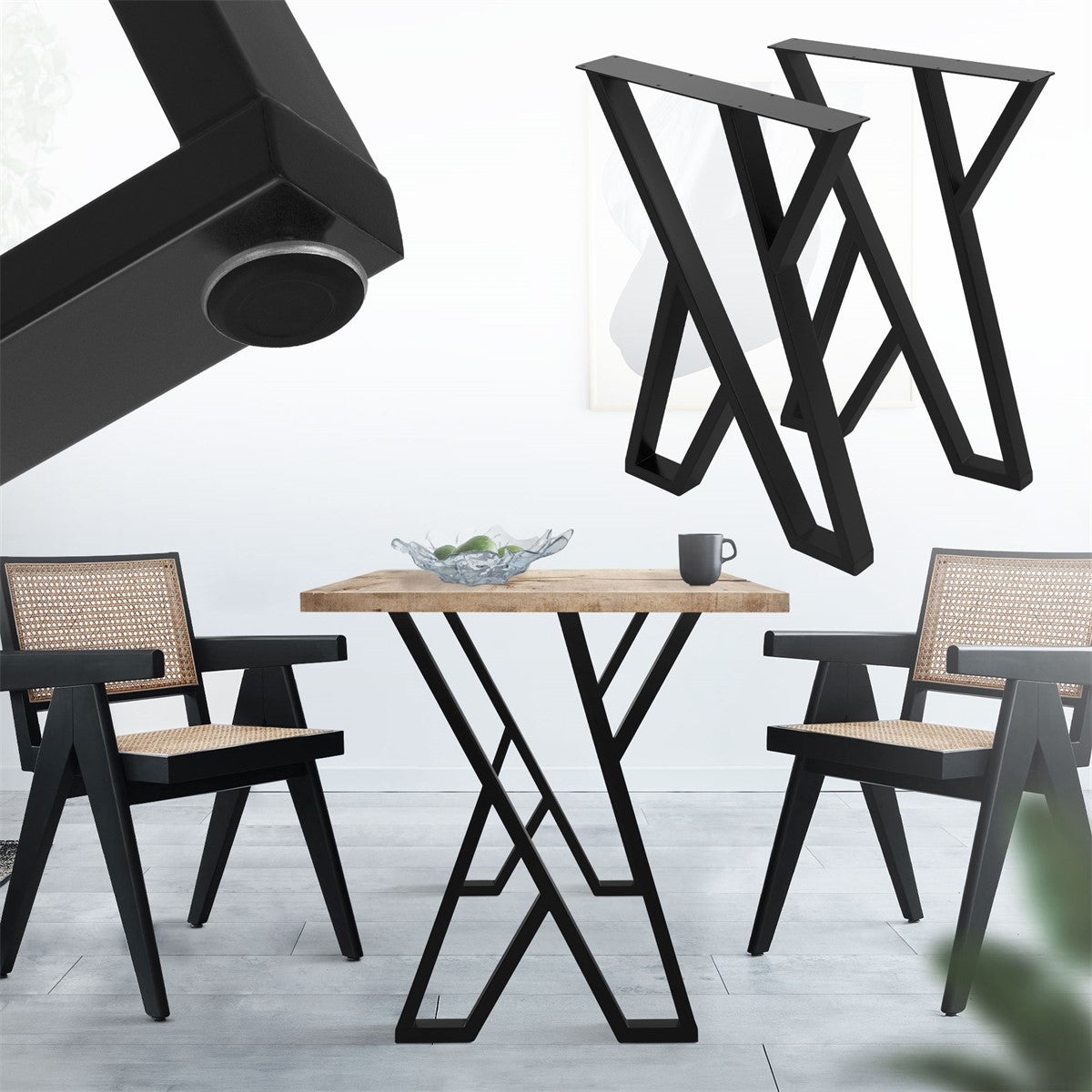 A table with a wooden top and black legs in a modern room.